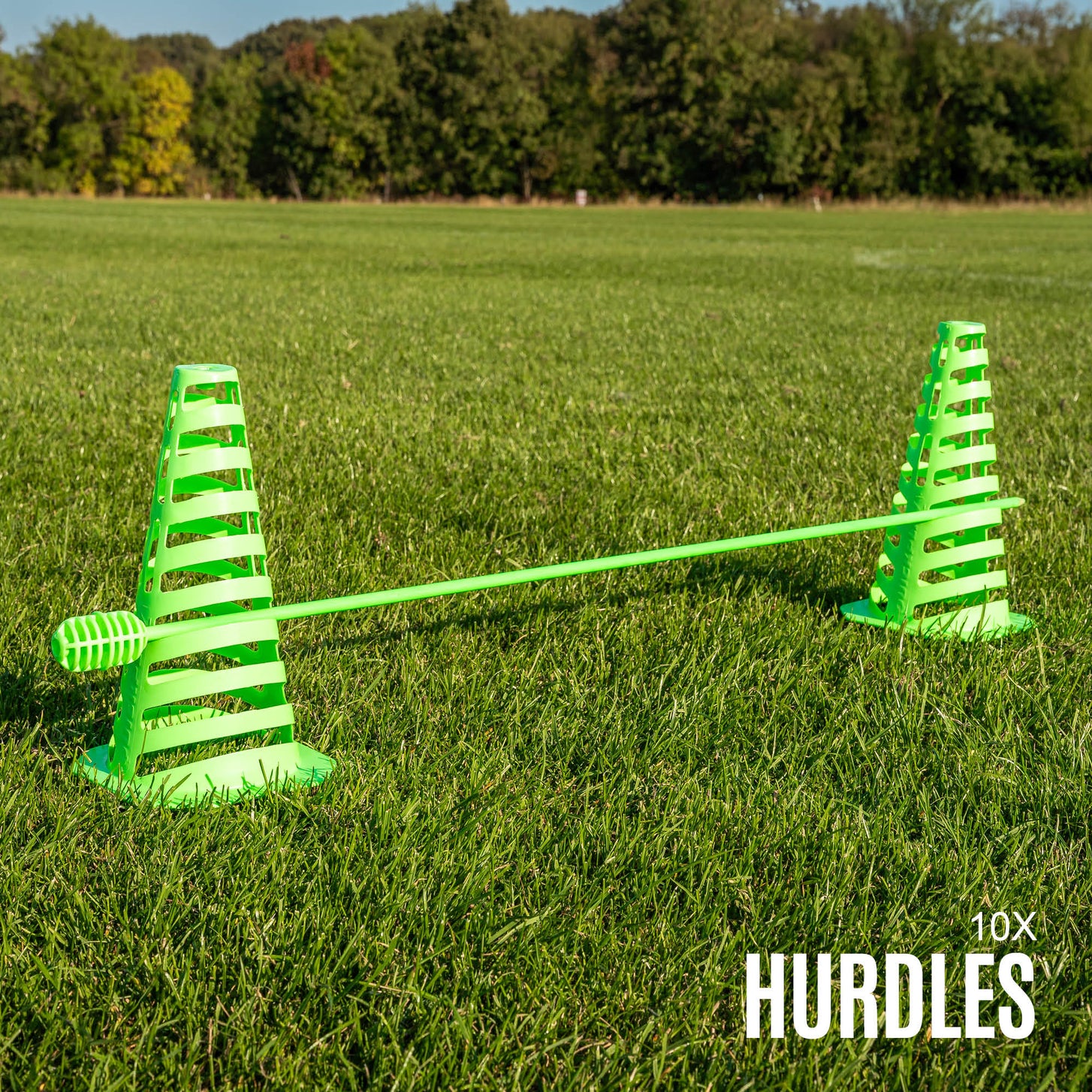 PRO Speed & Agility Set: one low hurdle made from a green pole resting across two slotted cones on grass, with the text "10x hurdles".