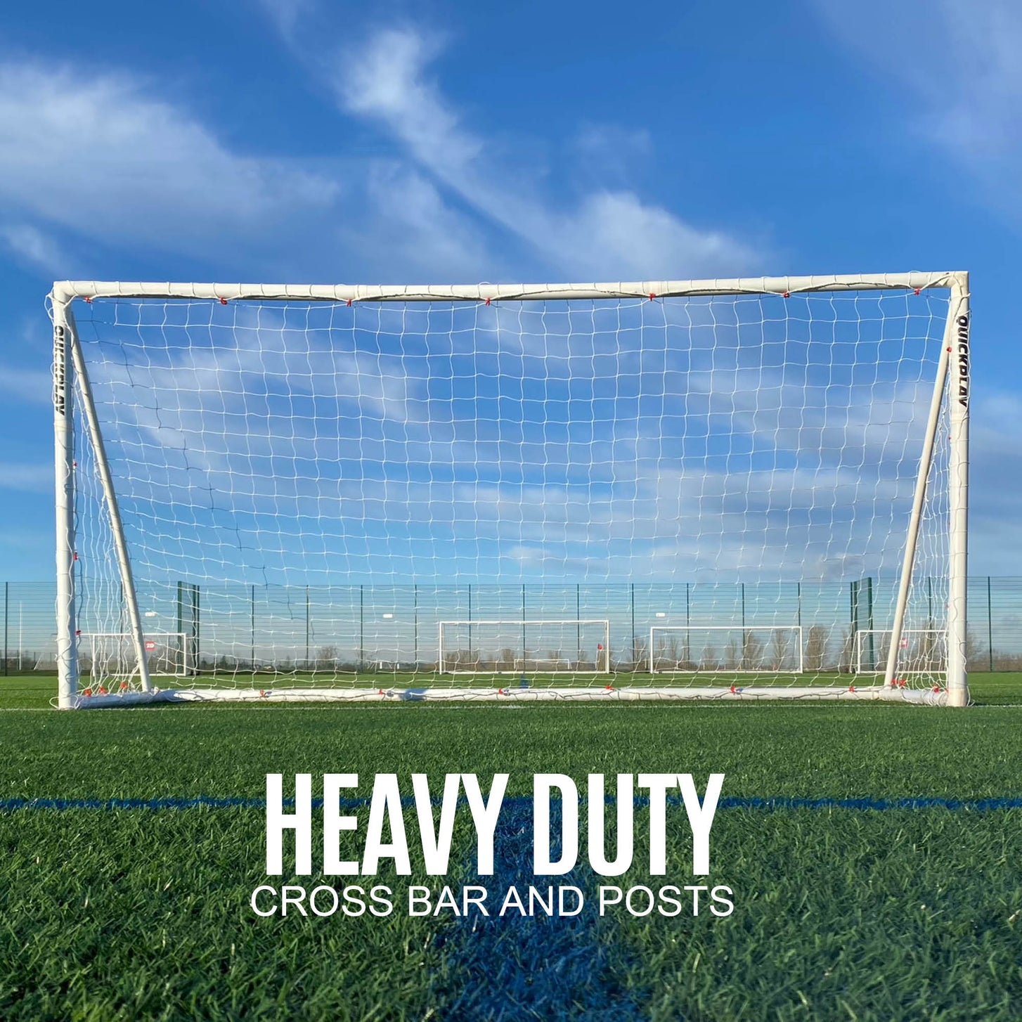 Q-FOLD Folding Soccer Goal 16x7' from the front on an artificial field, with the text "Heavy duty cross bar and posts".