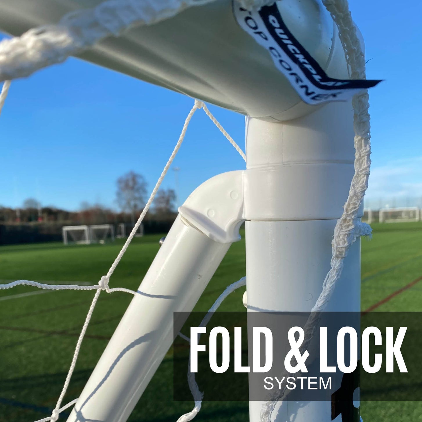 Q-FOLD Folding Soccer Goal 16x7' top corner joint with a QUICKPLAY "Top corner" tag, with the text "Fold & lock system".