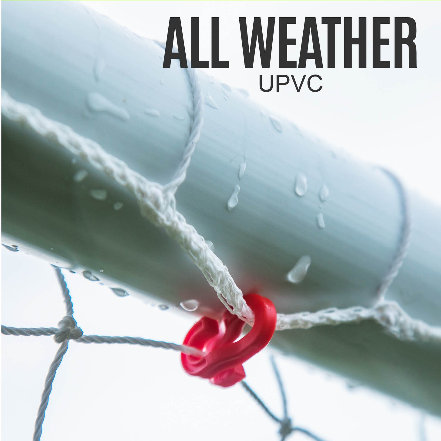 Q-FOLD Folding Soccer Goal 16x7' white crossbar with water drops and a red net clip, with the text "All weather uPVC".
