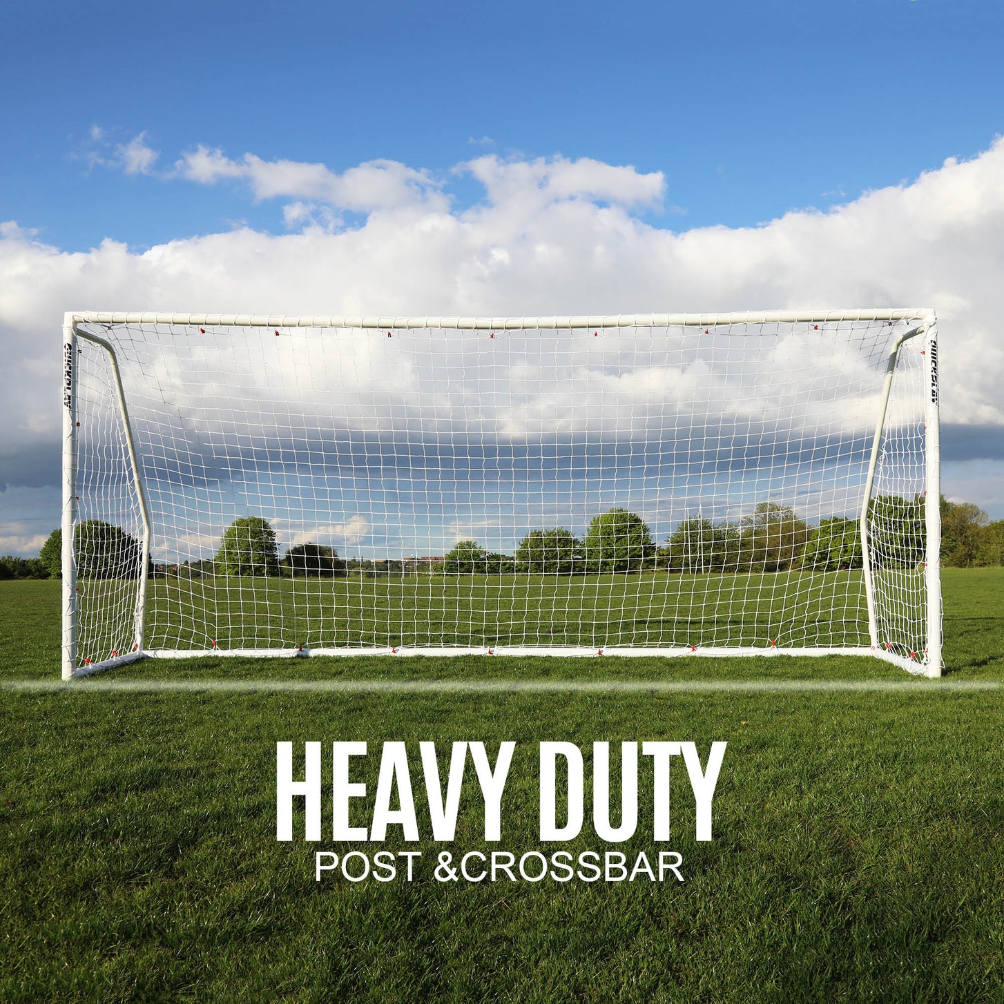 Q-FOLD Match 16x7' goal from the front on a grass field, with the text "Heavy duty post & crossbar".