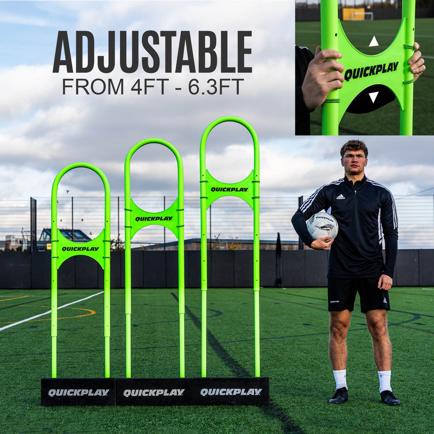 REPLAY Defender Airflow Mannequin: three green mannequins at different heights beside a player, with the text "Adjustable from 4ft - 6.3ft".