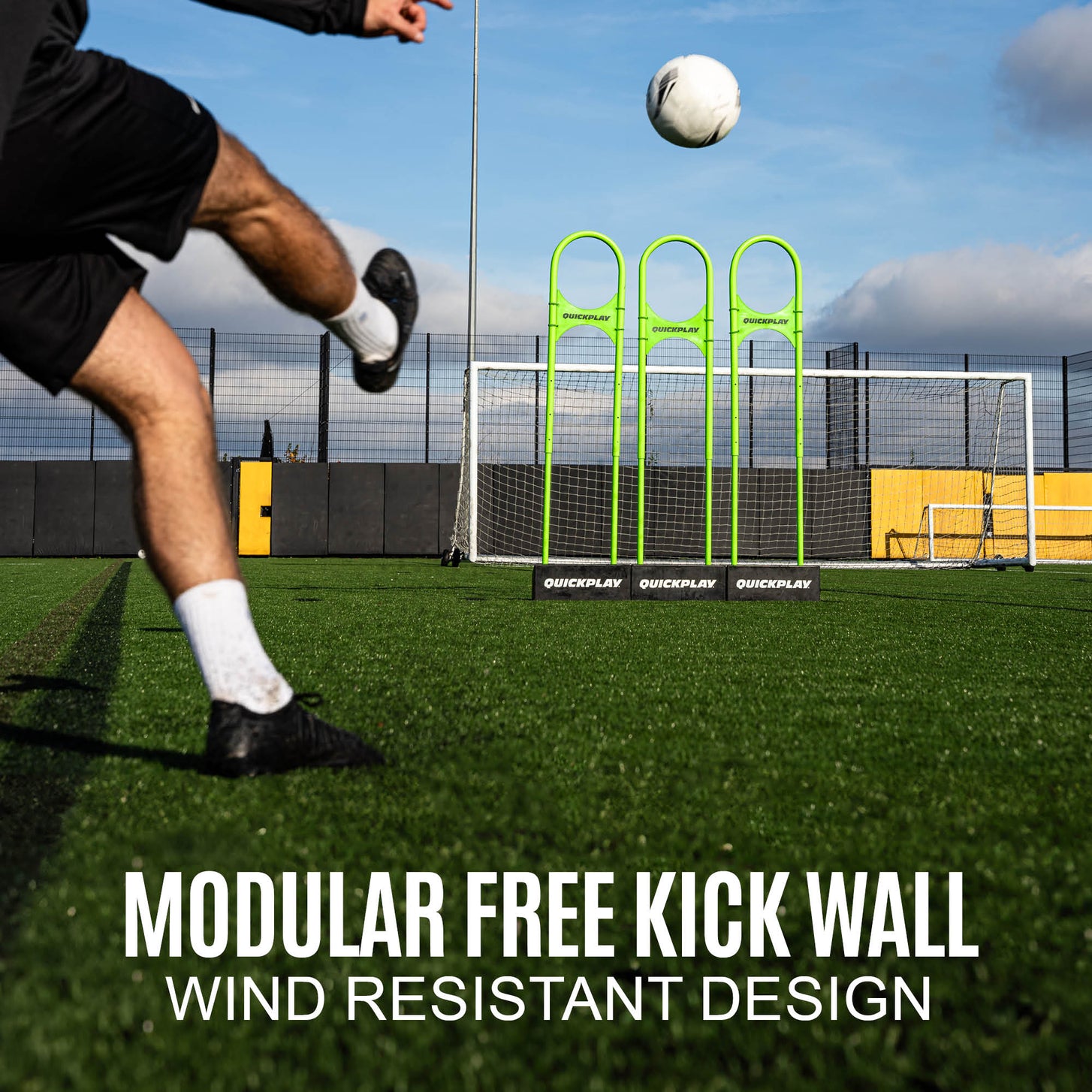 REPLAY Defender Airflow Mannequin: three green mannequins in a wall before a goal as a player takes a free kick, text "Modular free kick wall".