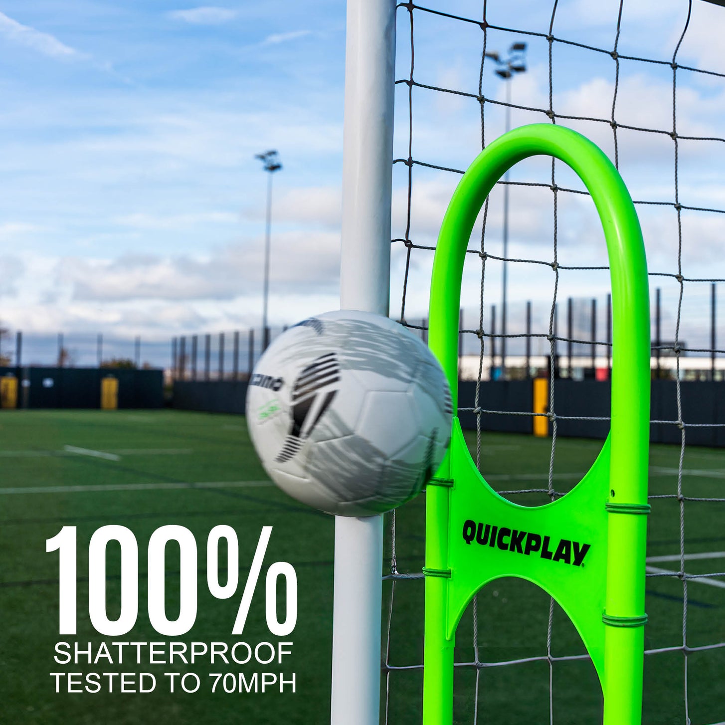 REPLAY Defender Airflow Mannequin top beside a goalpost as a ball flies past, with the text "100% shatterproof, tested to 70mph".