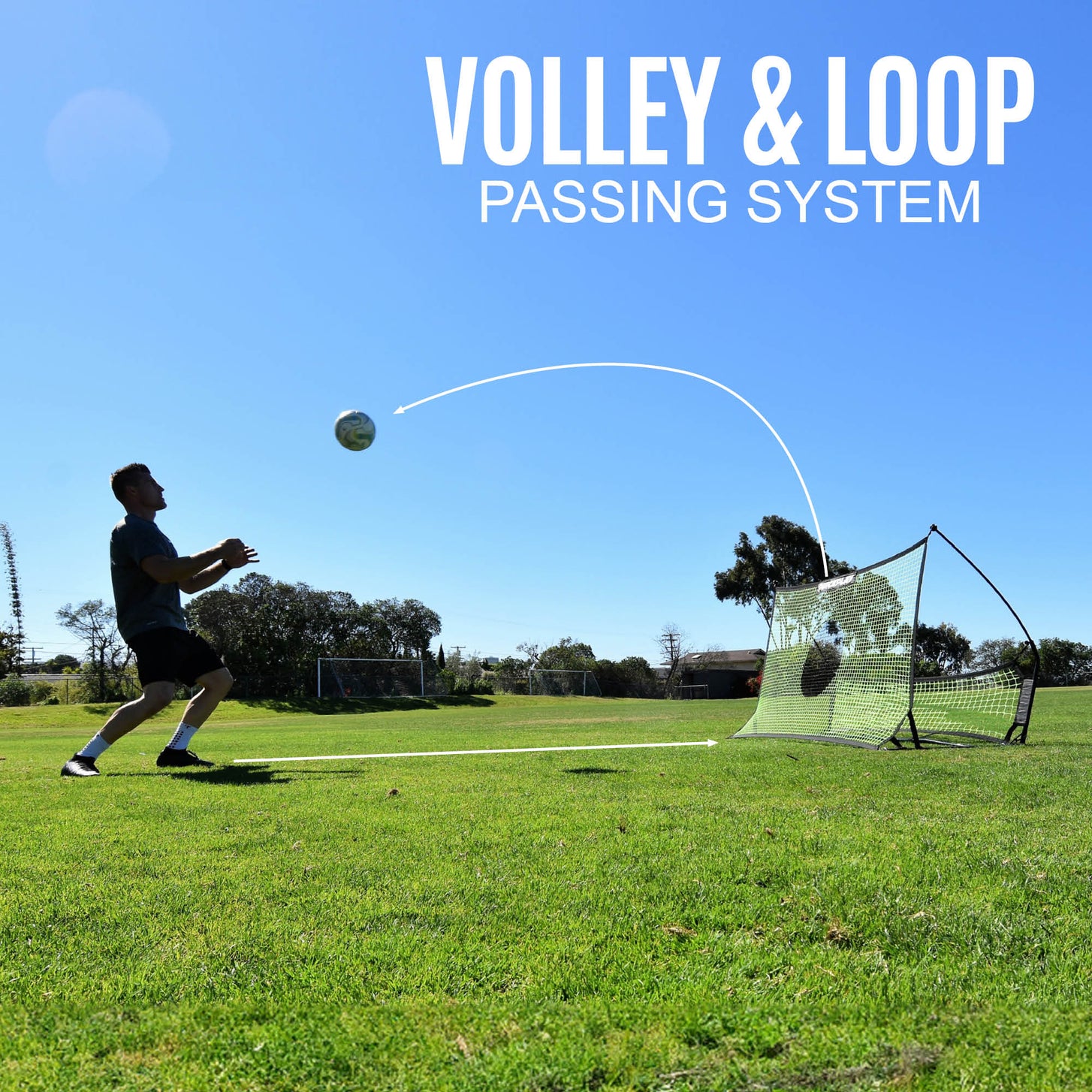 TEKKERS Trainer dual net rebounder: player waits for a ball looping back off the net, with the text "Volley & loop passing system"