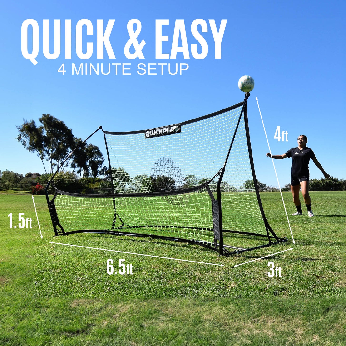 TEKKERS Trainer dual net rebounder with a player beside it, marked 6.5ft wide, 4ft high, 3ft deep and 1.5ft low net, with the text "Quick & easy"