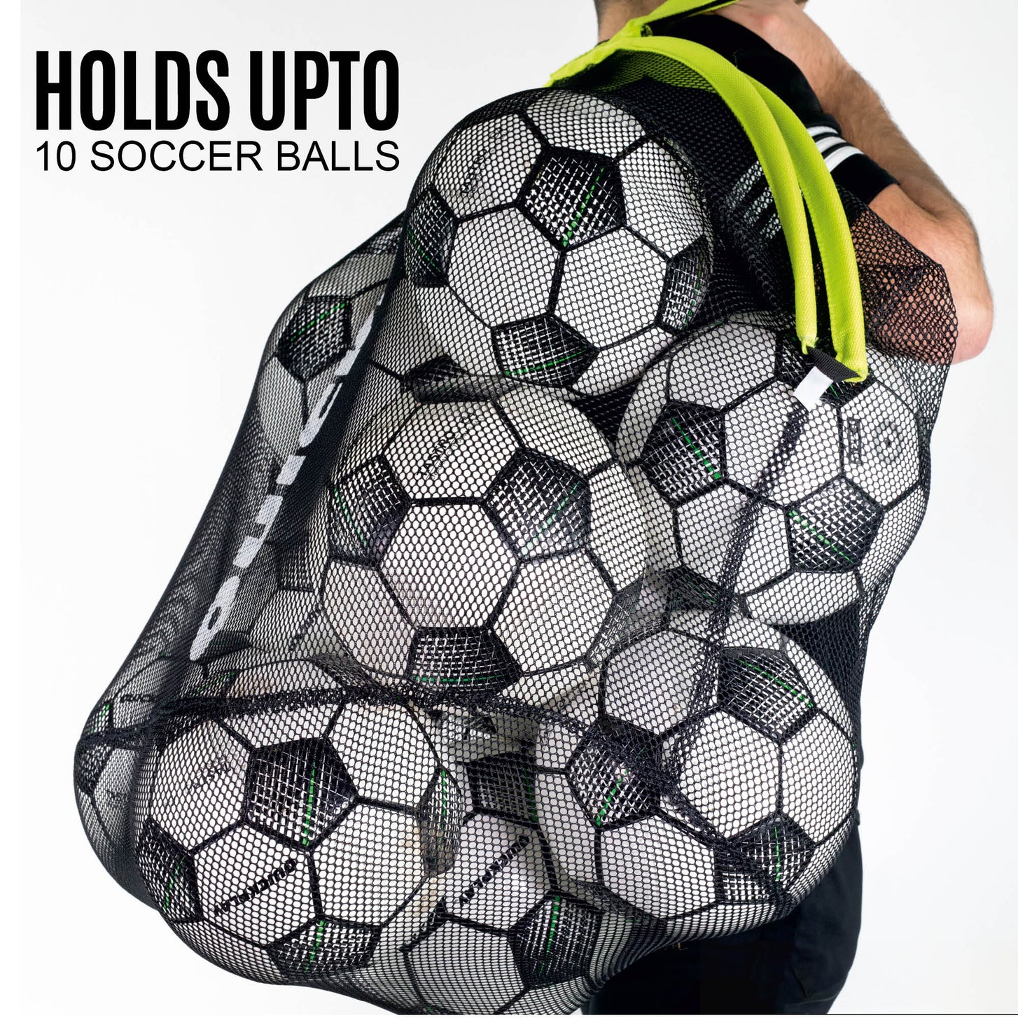 TARGET SAX: man carrying the black mesh bag packed with soccer balls, with the text "Holds up to 10 soccer balls"