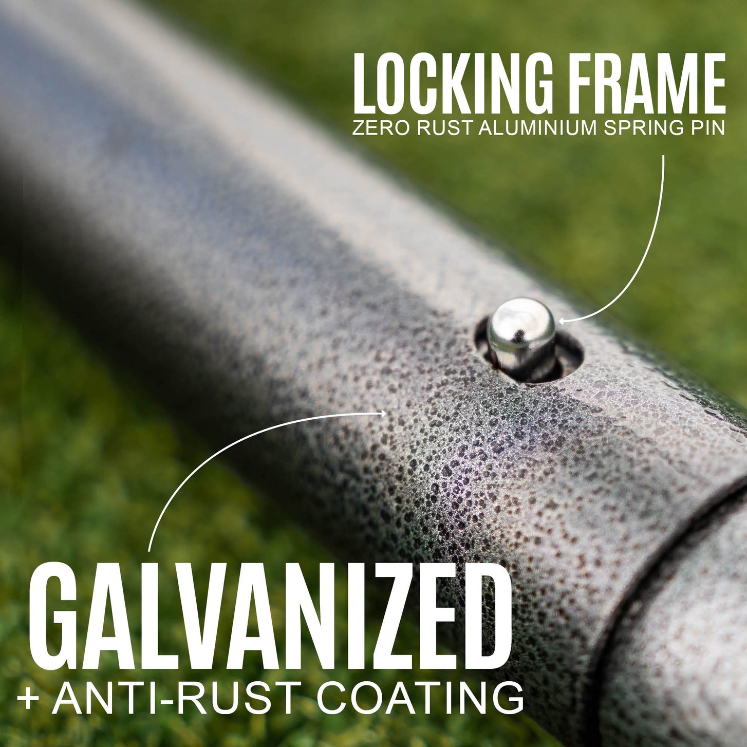 GS Series Soccer Goal 12x6' close-up of a spring pin in the gray frame, with the text "Locking frame" and "Galvanized".