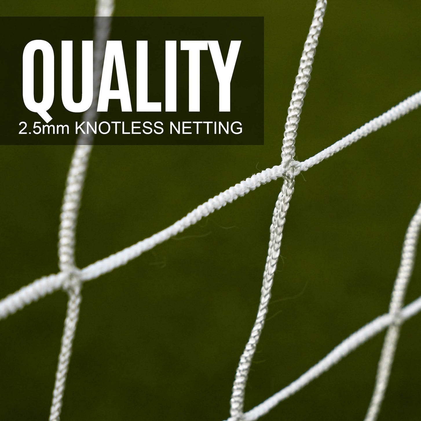 GS Series Soccer Goal 12x6' white net close up, with the text "Quality, 2.5mm knotless netting".