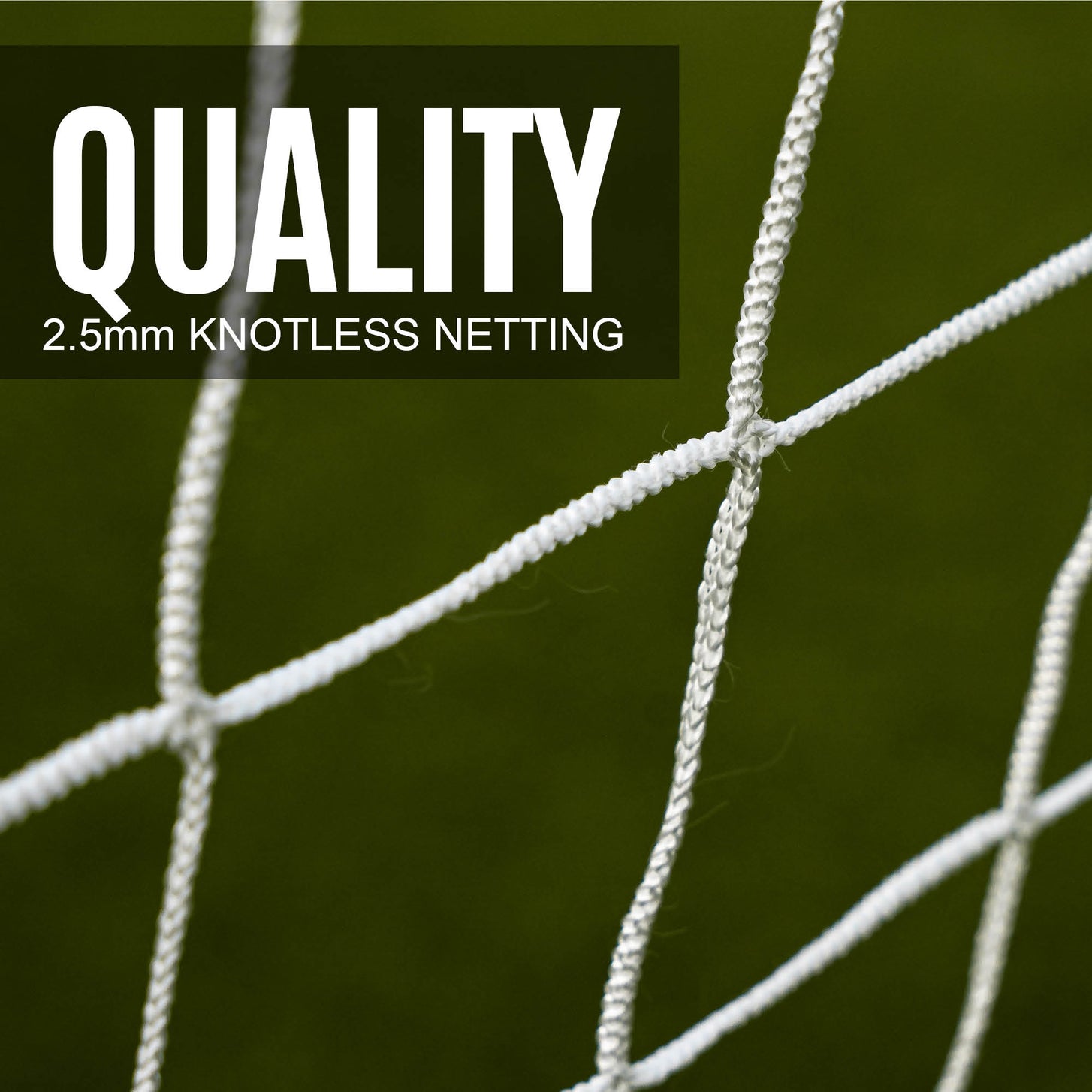 GS Series Soccer Goal 16x7' white net close up, with the text "Quality, 2.5mm knotless netting".