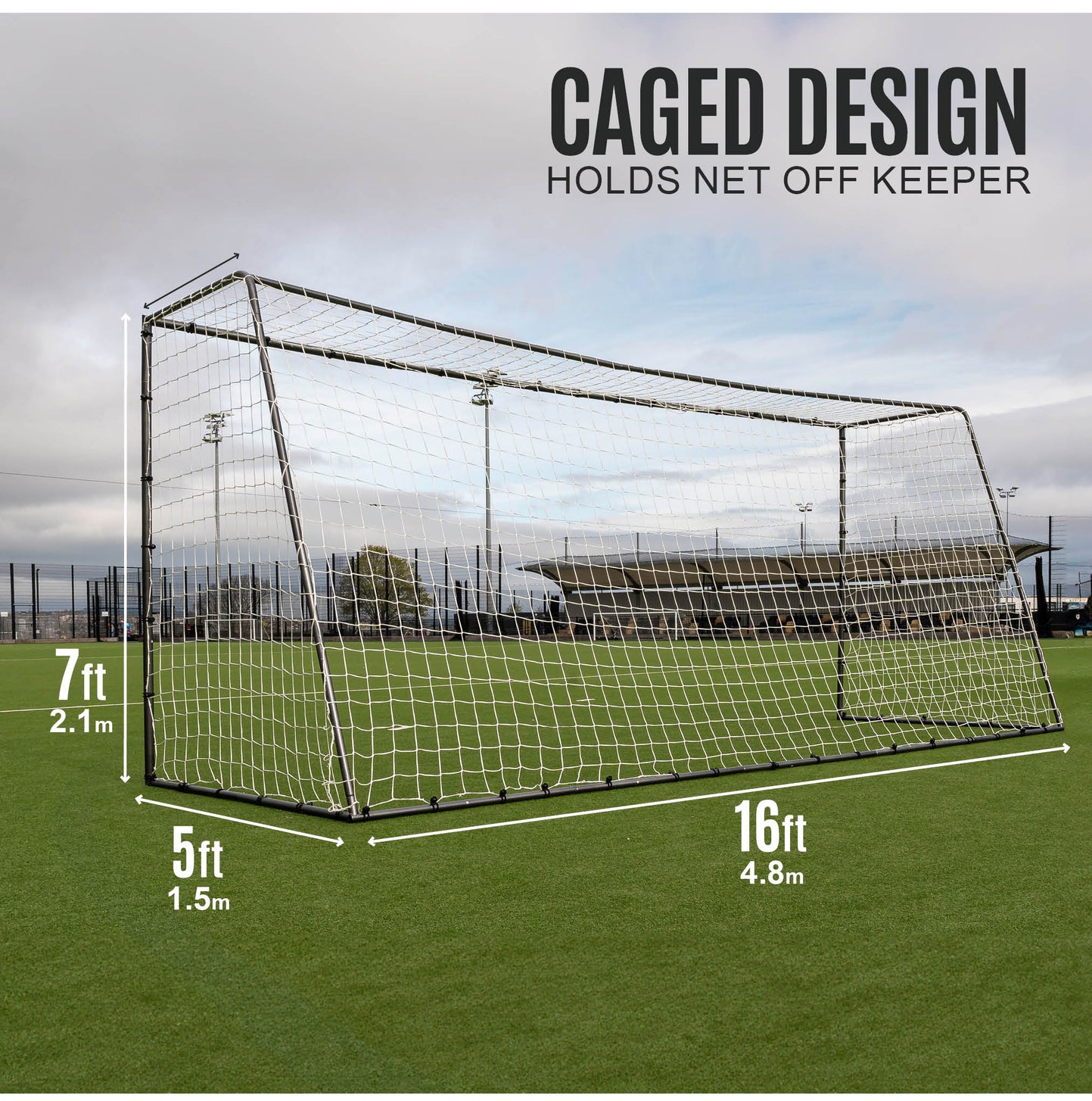 GS Series Soccer Goal 16x7' on an artificial field, marked 16ft wide, 7ft high and 5ft deep, with the text "Caged design".