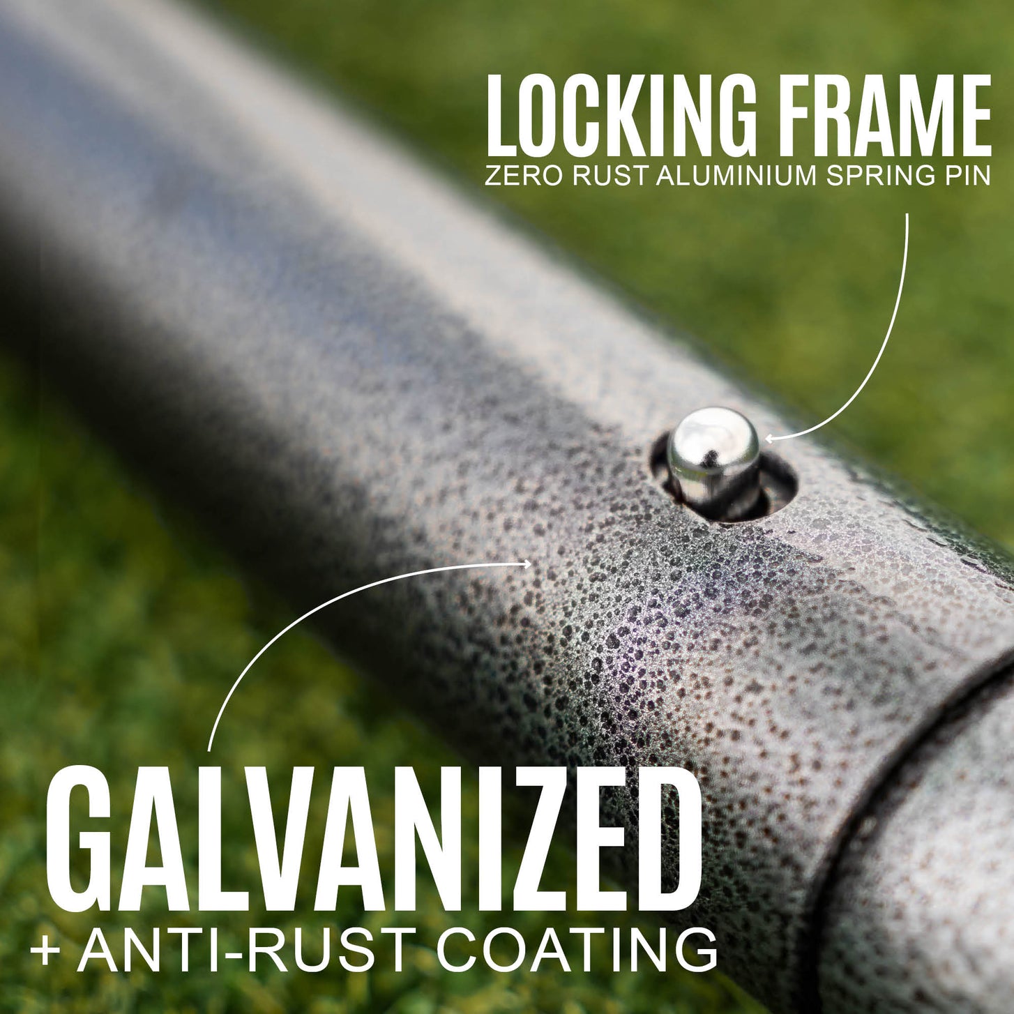GS Series Soccer Goal 6x4' close-up of a spring pin in the gray frame tube, with the text "Locking frame" and "Galvanized".