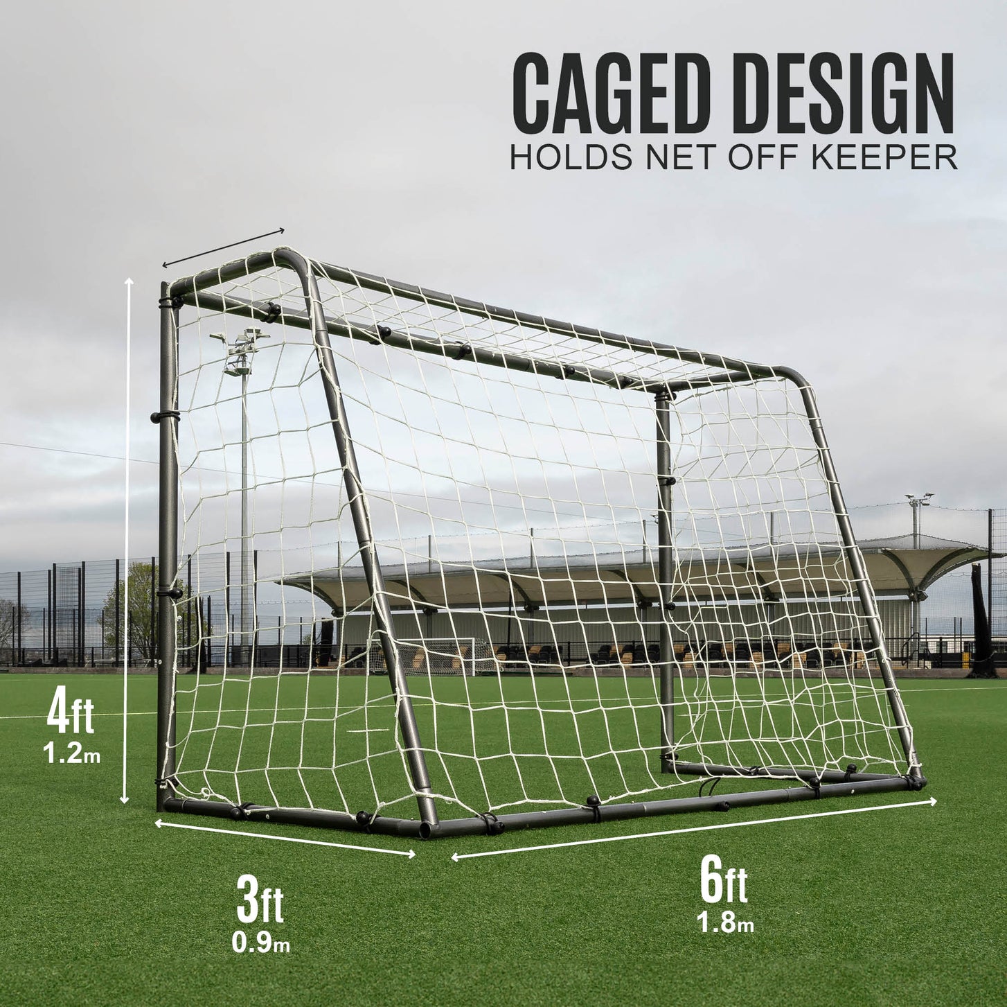 GS Series Soccer Goal 6x4' on an artificial field, marked 6ft wide, 4ft high and 3ft deep, with the text "Caged design".