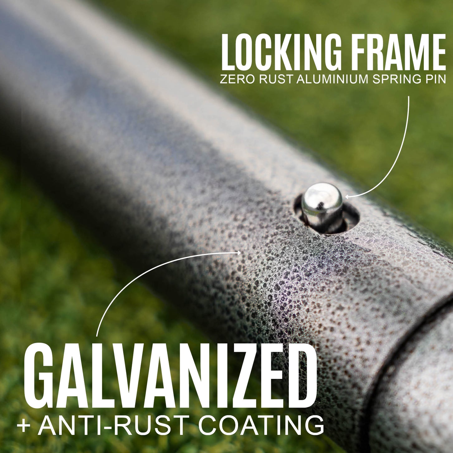 GS Series Soccer Goal 8x5' frame close up showing a spring pin in the textured gray tube, with the text "Locking frame" and "Galvanized".