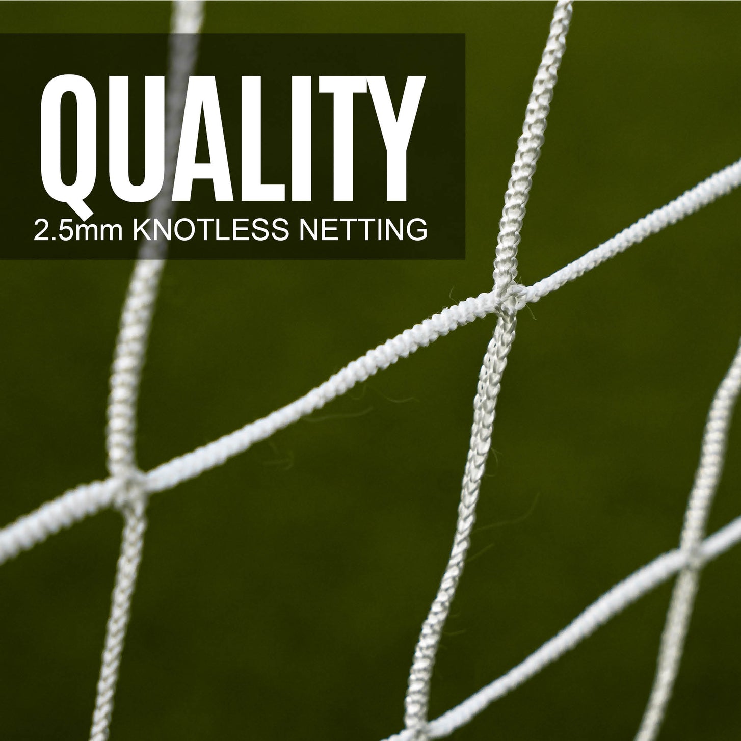 GS Series Soccer Goal 8x5' white net close up on a green background, with the text "Quality, 2.5mm knotless netting".
