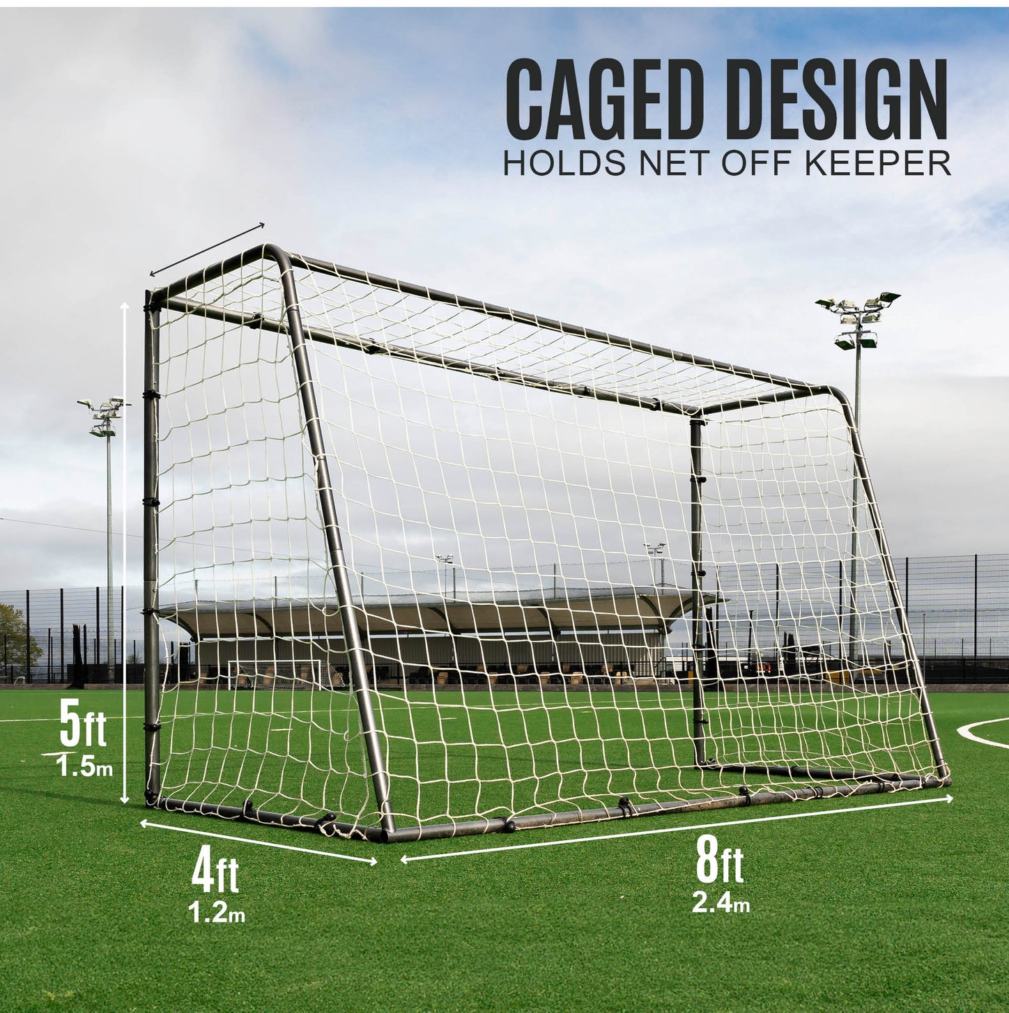 GS Series Soccer Goal 8x5' on an artificial field, marked 8ft wide, 5ft high and 4ft deep, with the text "Caged design".
