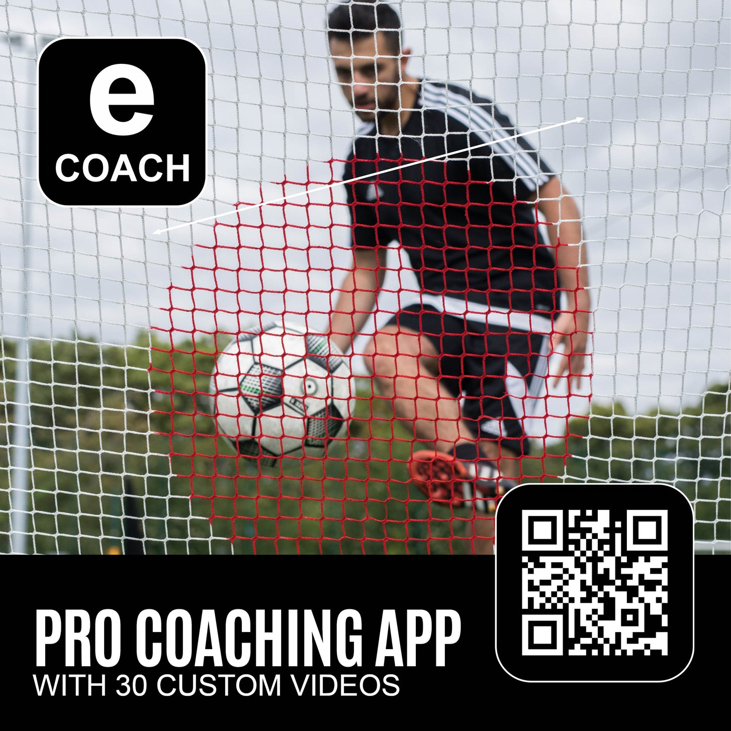 SPOT Soccer Rebounder 7x7': player seen through the net, eCOACH logo, QR code and text "Pro coaching app with 30 custom videos".