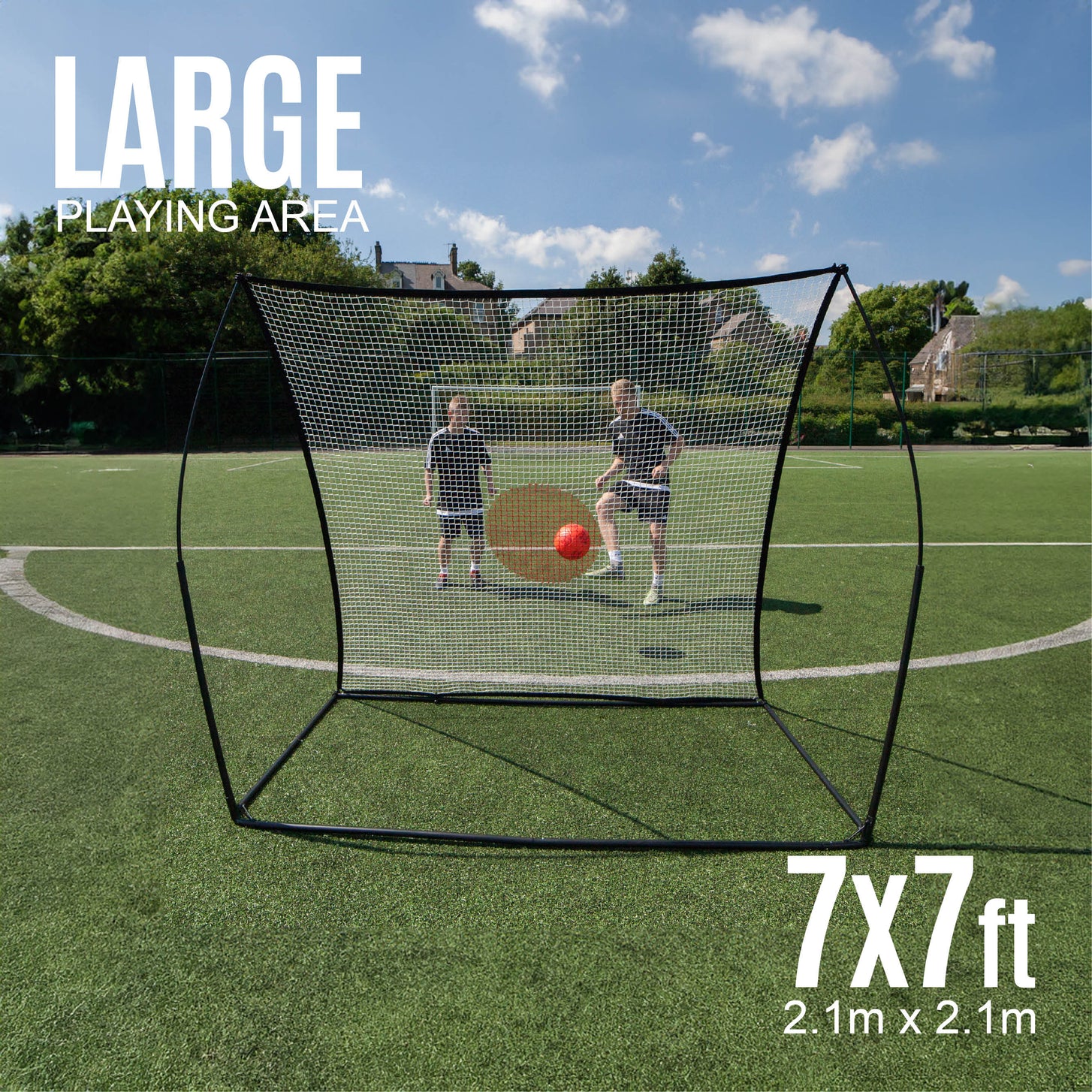 SPOT Soccer Rebounder 7x7' from the front, two players with a red ball on the field behind it, text "Large playing area" and "7x7ft".