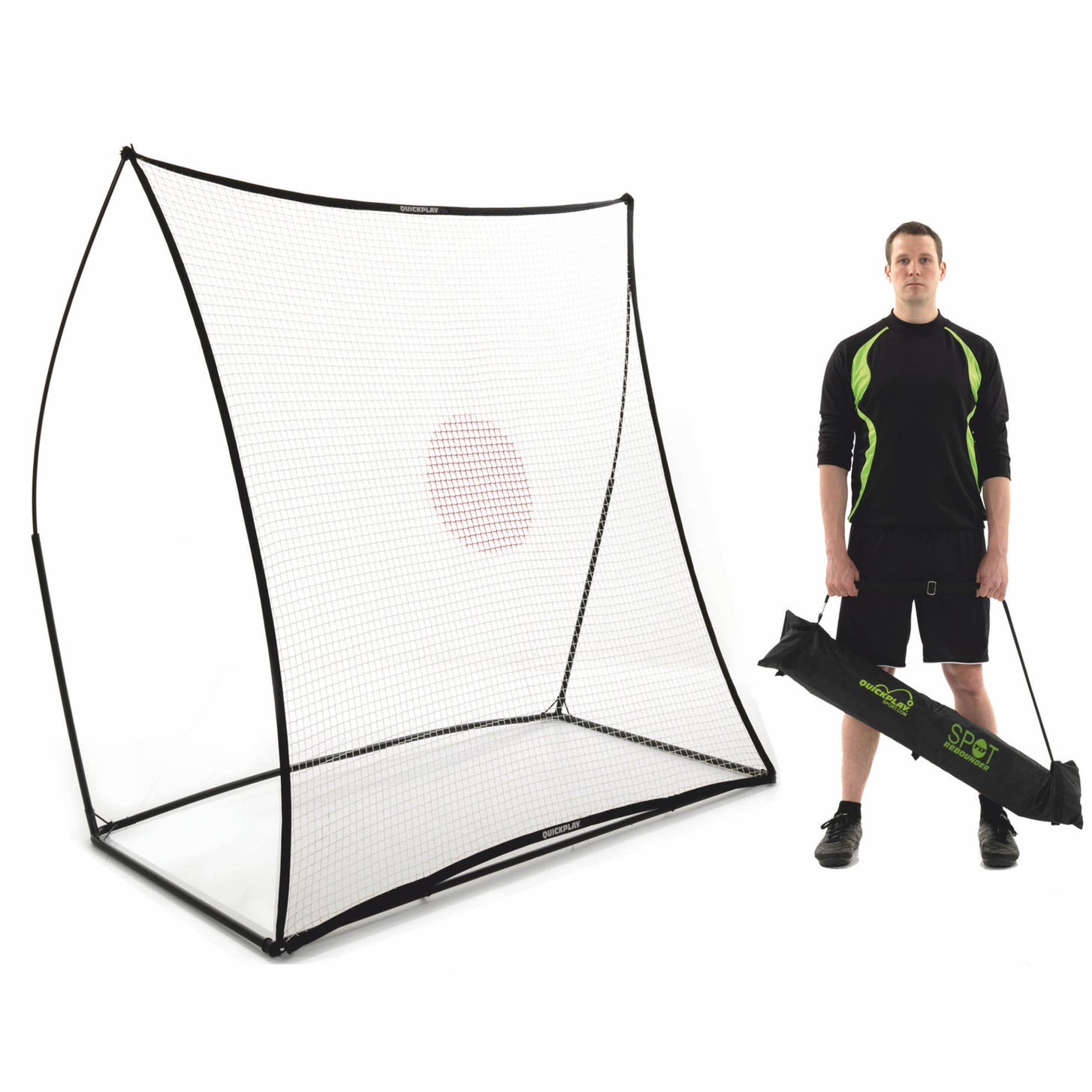 SPOT Soccer Rebounder 7x7' on a white background beside a man holding a black SPOT REBOUNDER bag with green lettering.