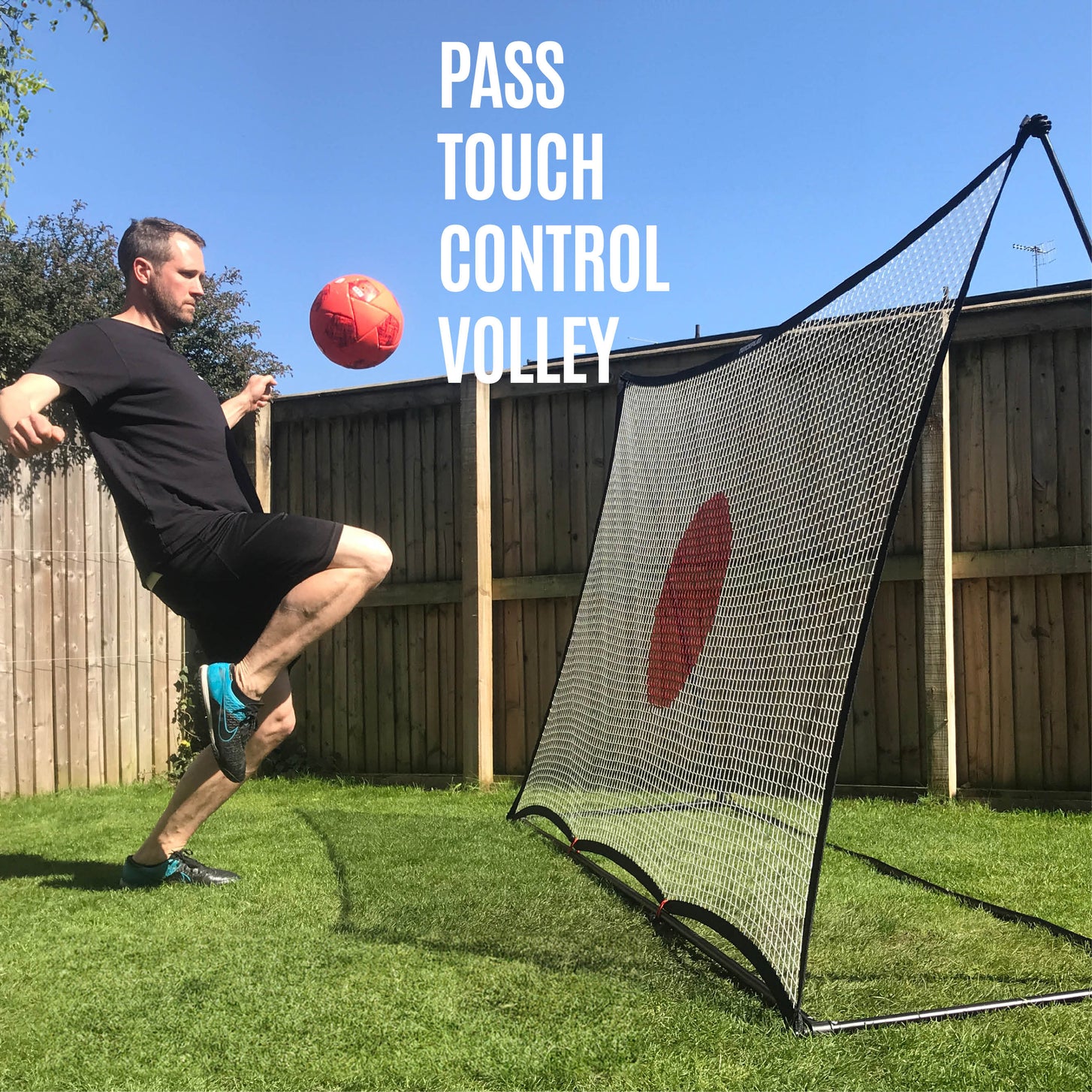 SPOT Soccer Rebounder 8x5' in a backyard, a man volleying an orange ball off the net, text "Pass, touch, control, volley".