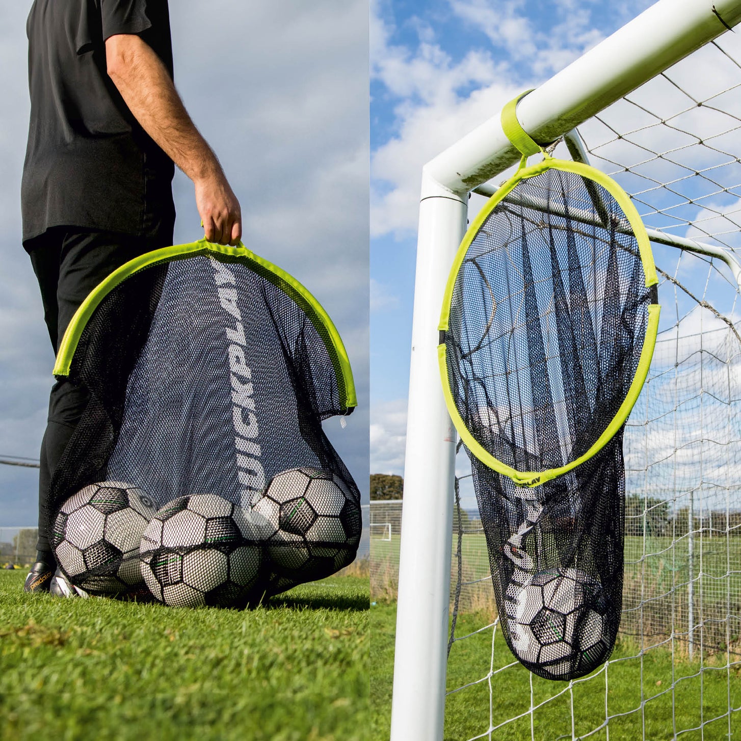 TARGET SAX: man holding the bag full of soccer balls by its rim, and close-up of it strapped to a goal crossbar with balls inside