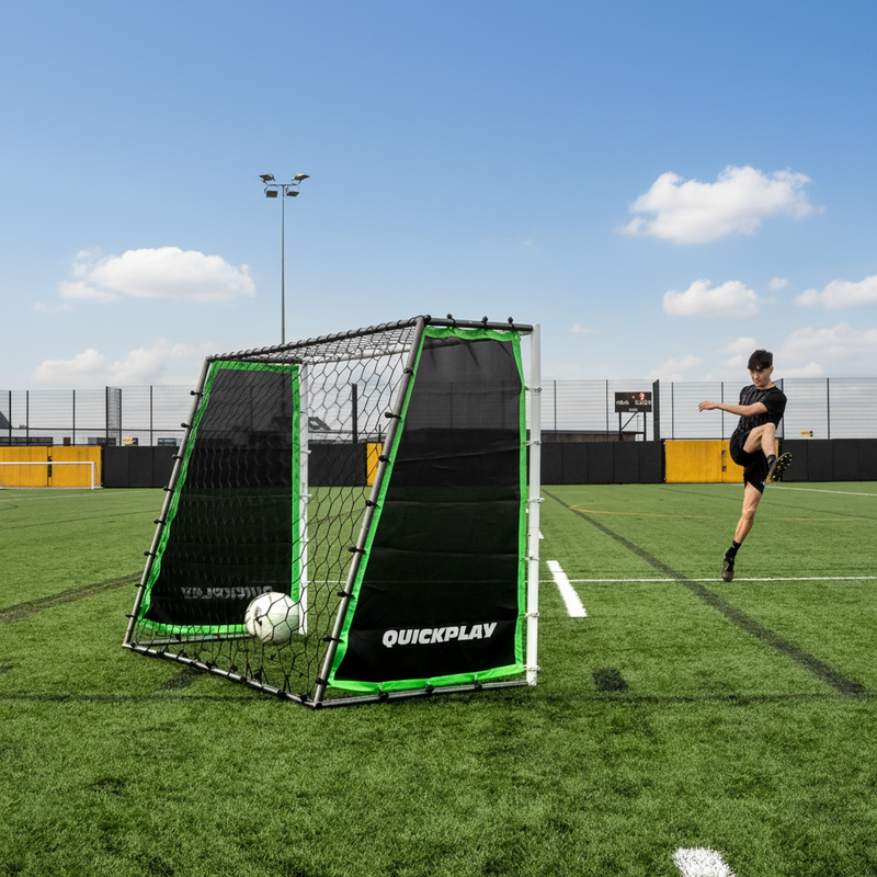 a player practicing on a Tekkers GS Trainer 3 in 1 goal and rebounder.