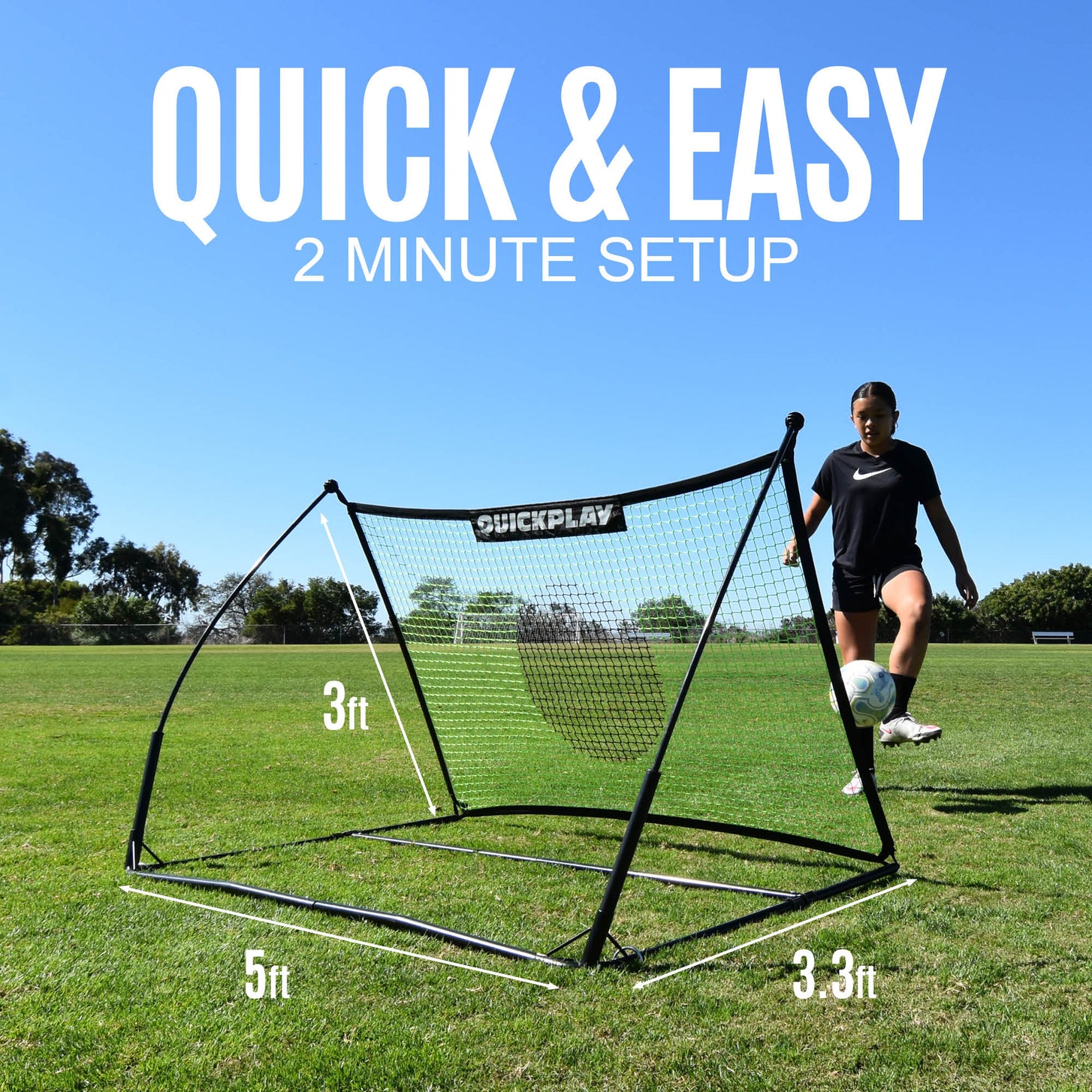 TEKKERS Rebounder Net 5x3': player juggling a ball beside the net, marked 5ft wide, 3ft high and 3.3ft deep, with the text "Quick & easy"