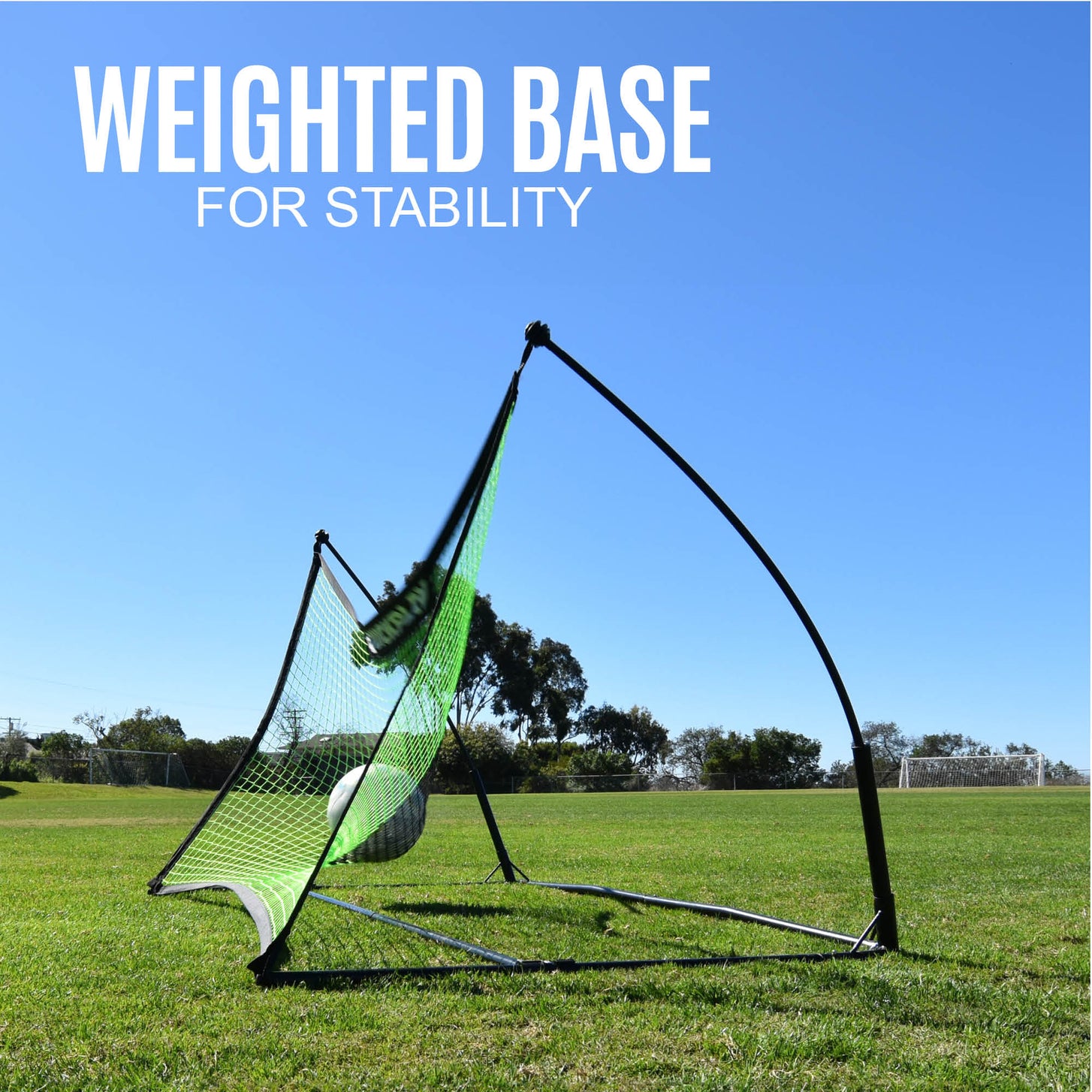 TEKKERS Rebounder Net 5x3' side view with a ball hitting the net, with the text "Weighted base for stability"