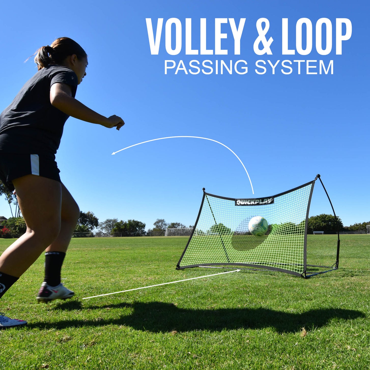 TEKKERS Rebounder Net 5x3': player volleys a ball as it loops back off the net, with the text "Volley & loop passing system"