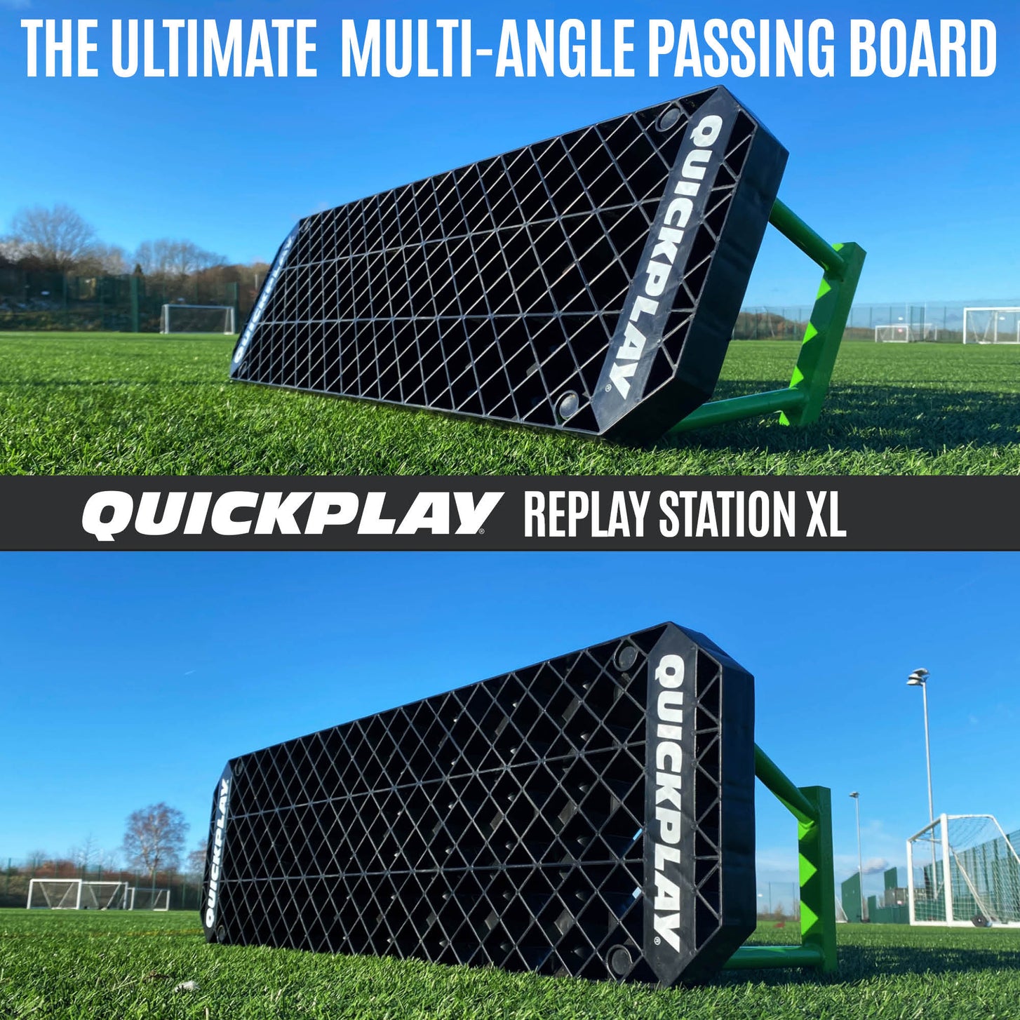 REPLAY Station XL shown at a low angle and a steeper angle on its green rear supports, with the text "Multi-angle passing board".