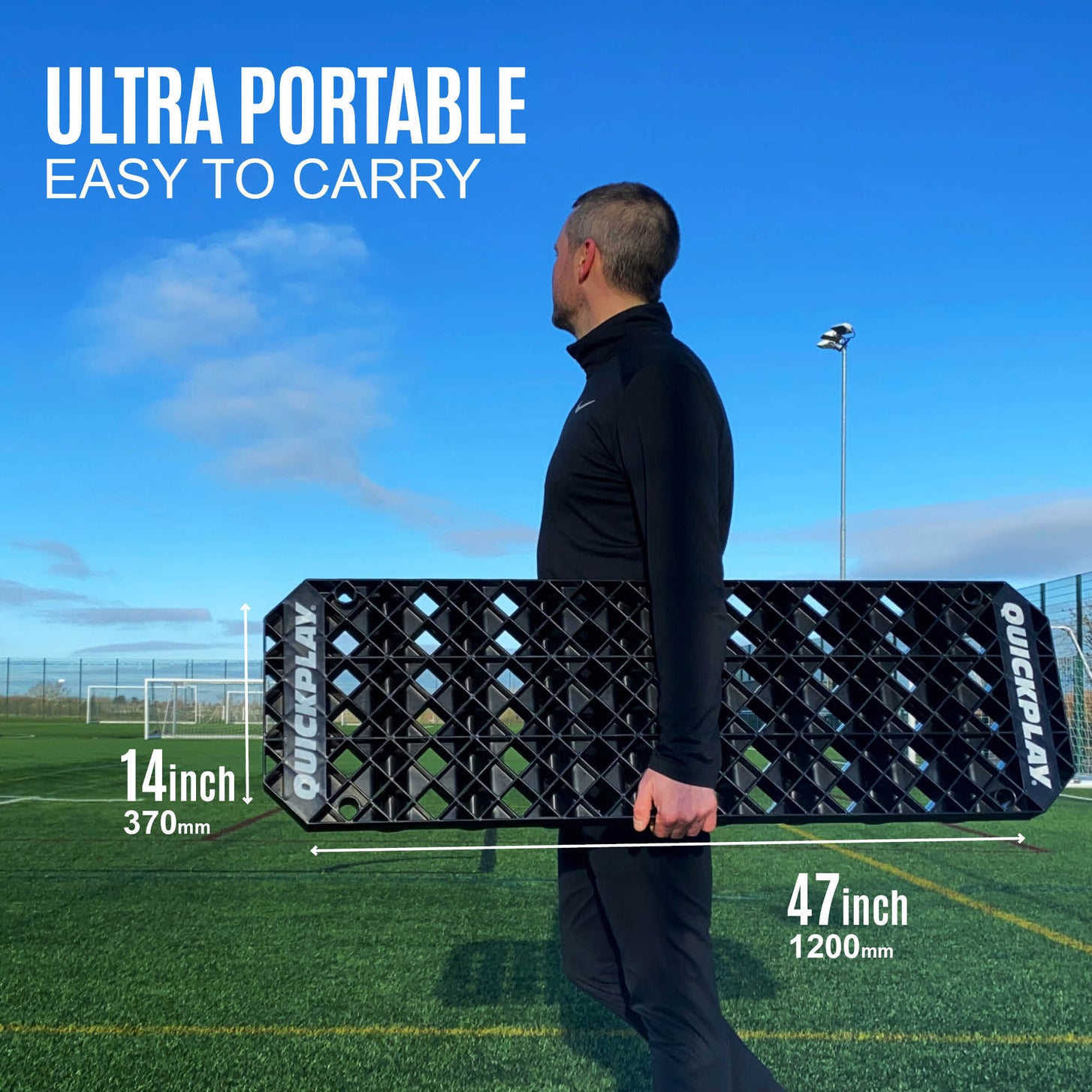 Man carrying the REPLAY Station XL board under one arm, marked 14inch by 47inch, with the text "Ultra portable, easy to carry".