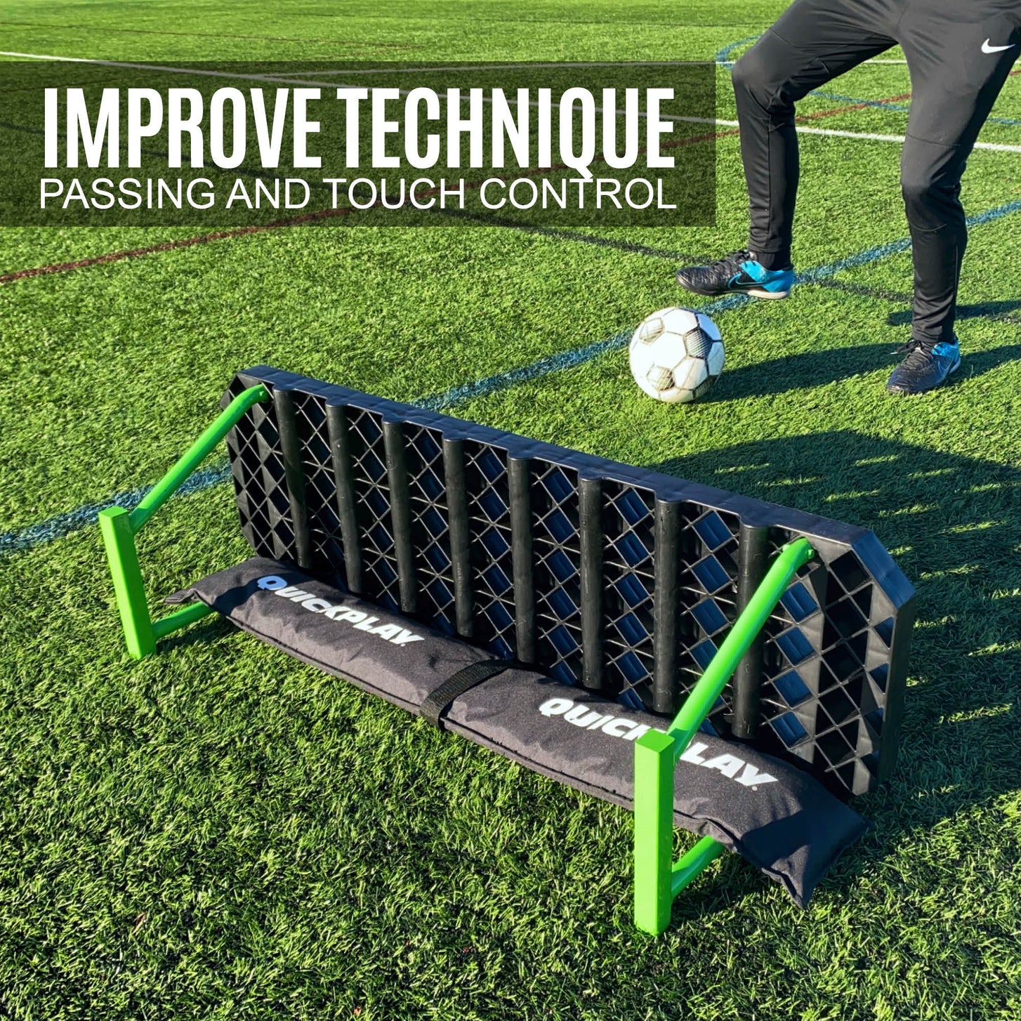 Player with a soccer ball at the face of the REPLAY Station XL, with the text "Improve technique, passing and touch control".