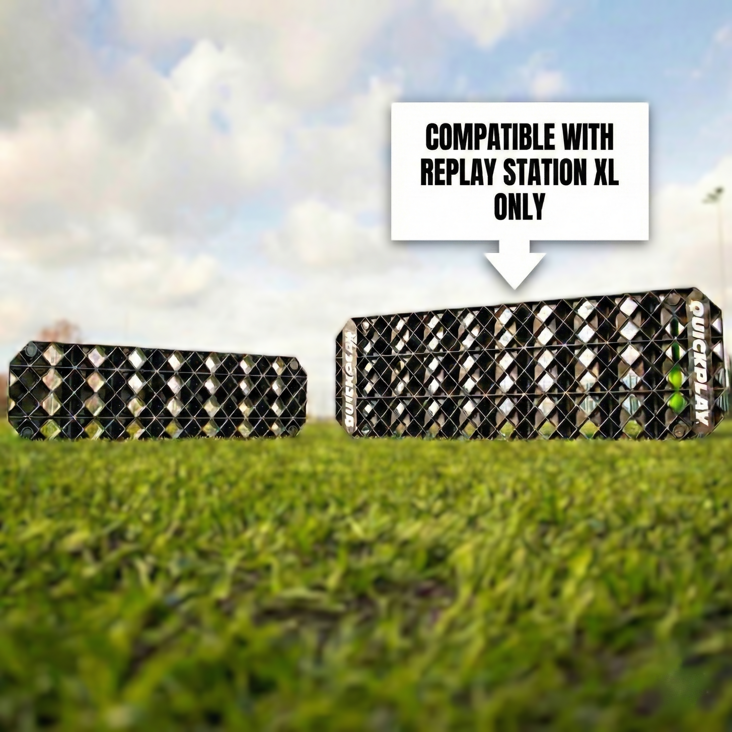 Two REPLAY boards on grass with a label on the larger one: "Compatible with REPLAY Station XL only".