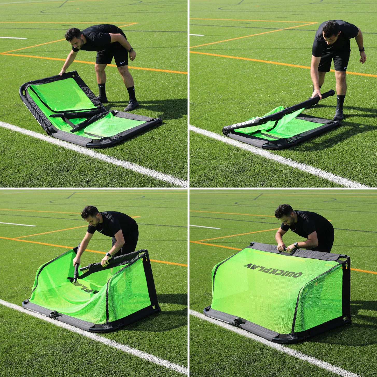 Man unfolding the PRO ALU Training Soccer Goal 5x3' in four steps, from flat on the turf to standing upright.