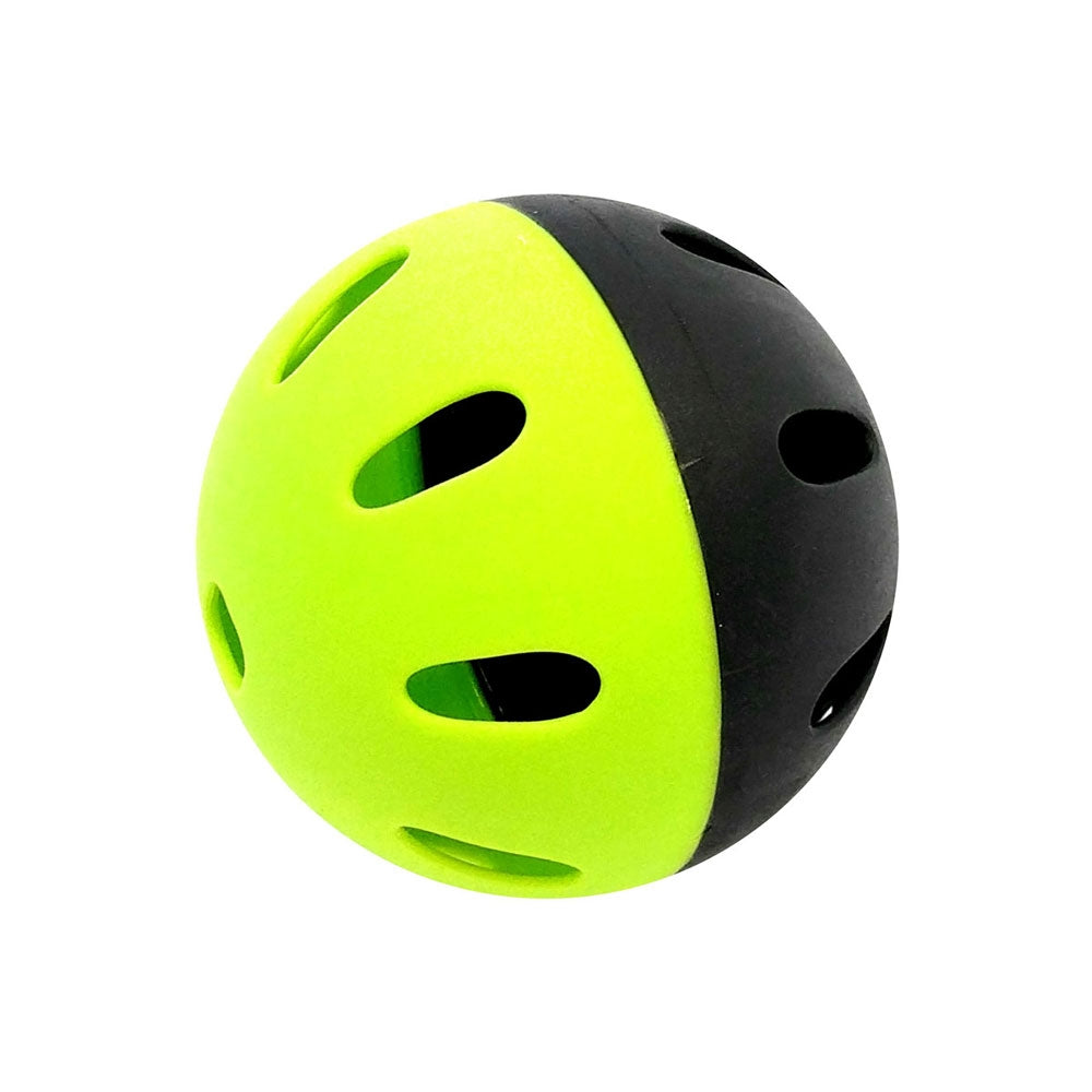 Single Indestructiballs baseball on a white background, lime and black with oval holes.
