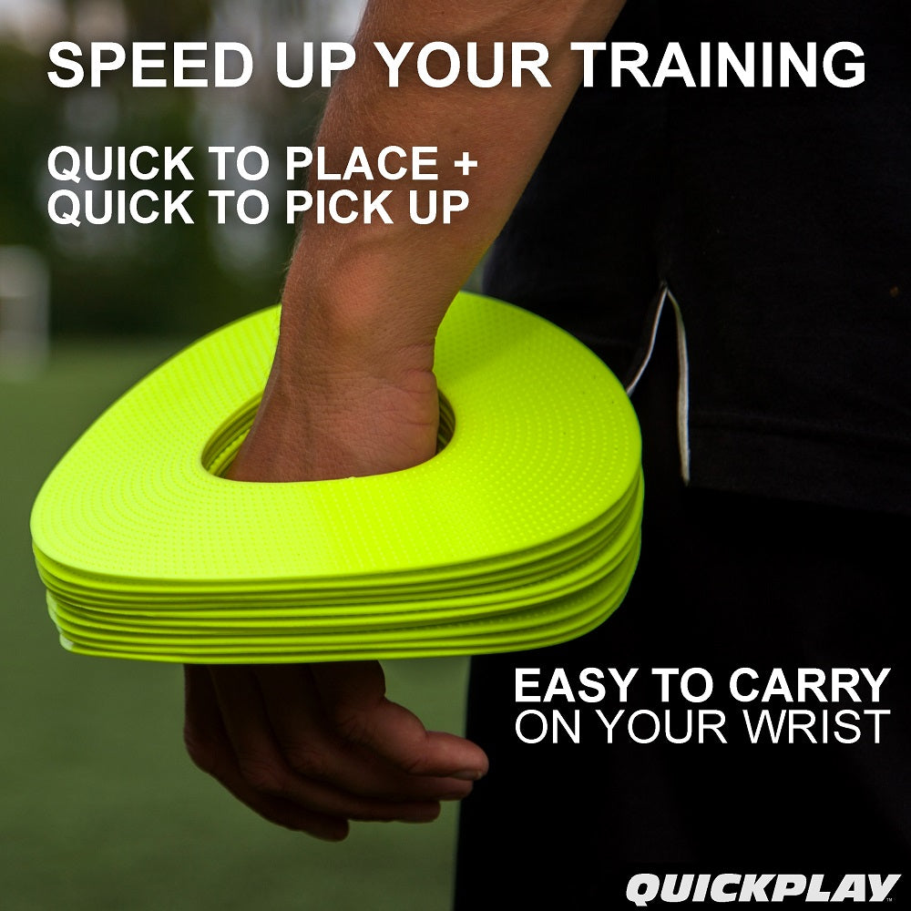 Stack of neon yellow Flat Markers carried on a wrist, with the text "Speed up your training" and "Easy to carry on your wrist".