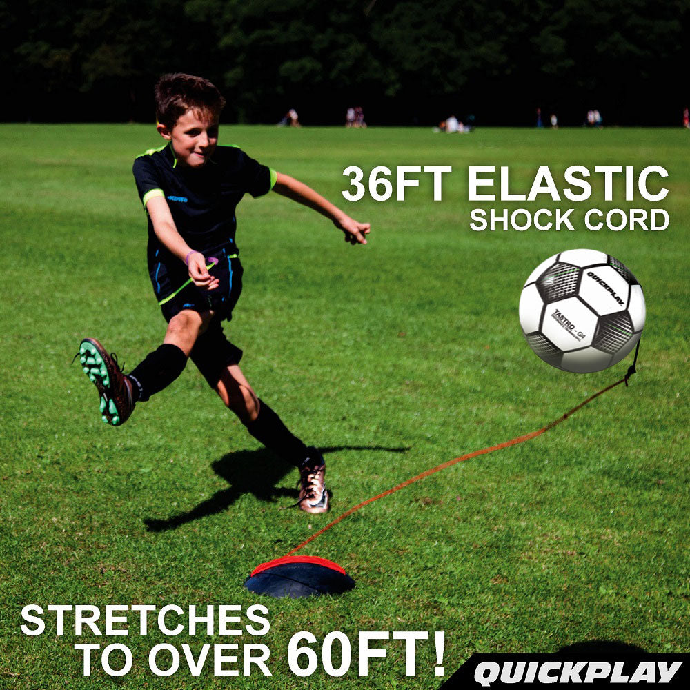 REPLAY Soccer Ball Trainer: boy kicking the ball on its cord in a park, text "36ft elastic shock cord, stretches to over 60ft".