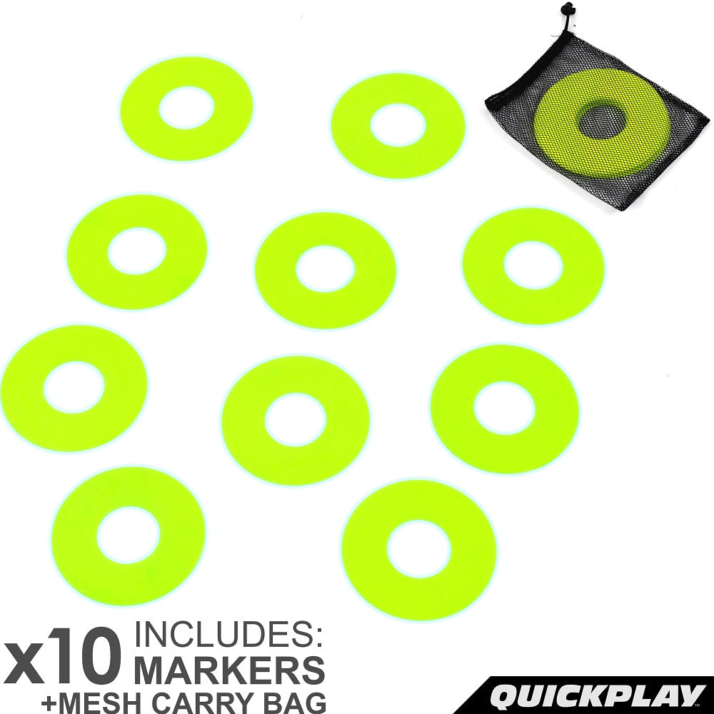 Neon yellow Flat Markers laid out with a black mesh bag, with the text "x10 includes: markers + mesh carry bag".