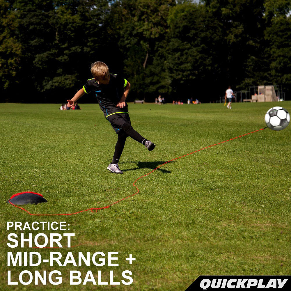 REPLAY Soccer Ball Trainer: boy volleying the corded ball in a park, text "Practice short, mid-range + long balls".