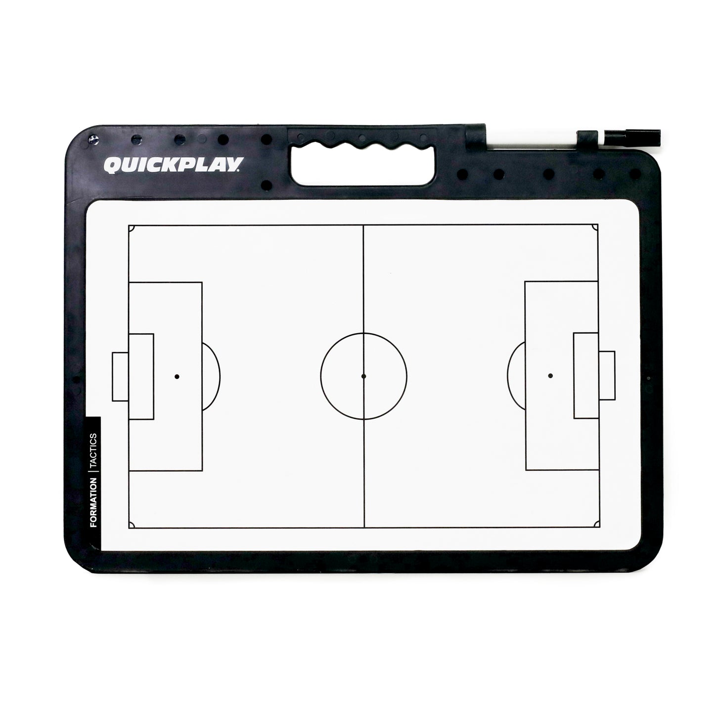 Soccer Coaching Tactics Board full field side, labeled "Formation, Tactics", with a marker clipped at the top, on white.