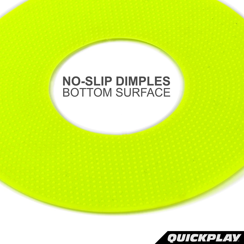 Neon yellow Flat Marker close-up showing its dimpled underside, with the text "No-slip dimples bottom surface".