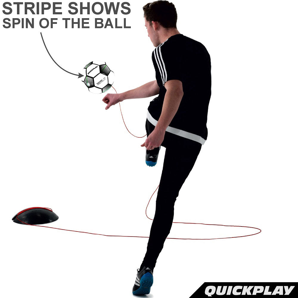 REPLAY Soccer Ball Trainer: player kicking the corded ball on a white background, with the text "Stripe shows spin of the ball".