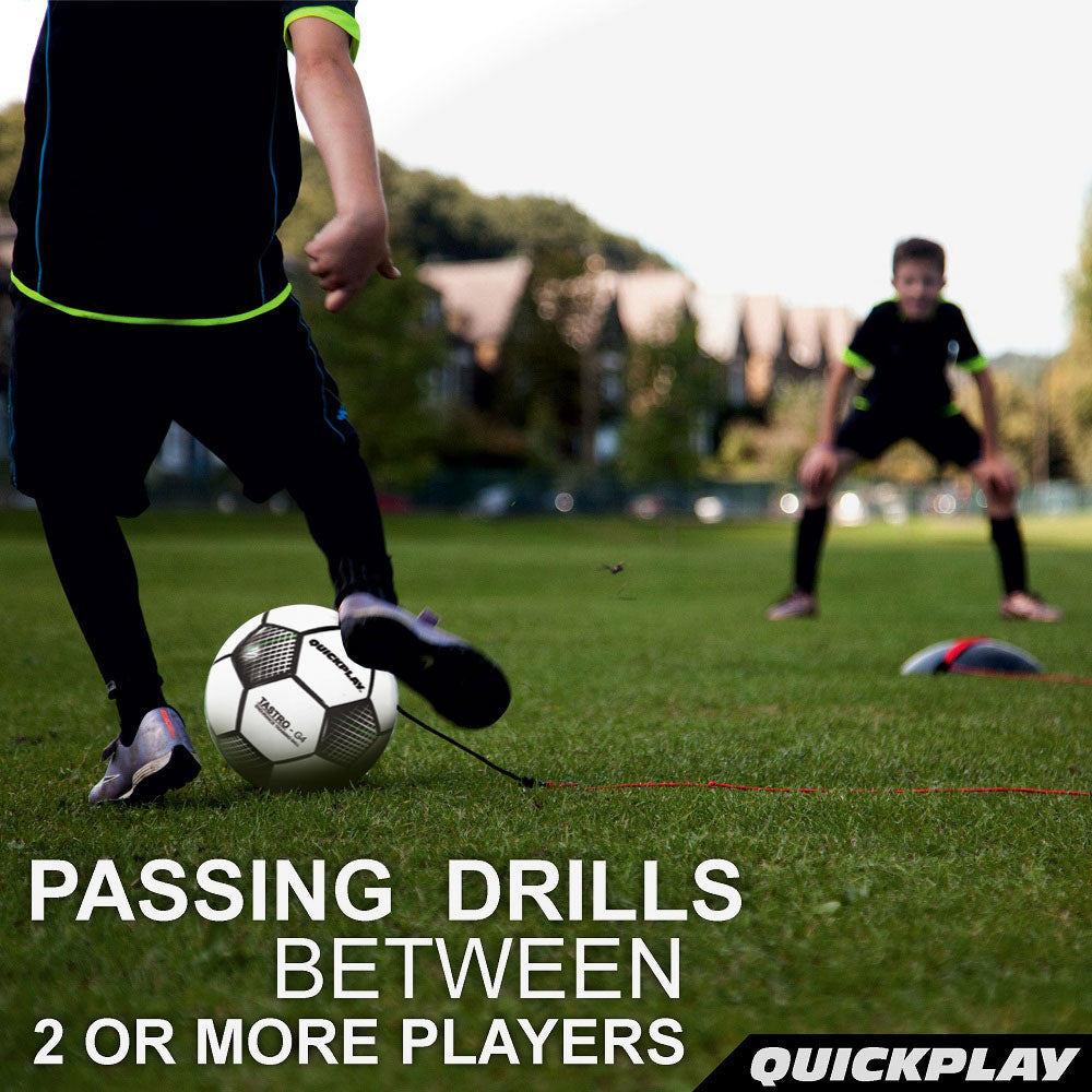 REPLAY Soccer Ball Trainer: two boys passing on grass, one kicking the corded ball, text "Passing drills between 2 or more players".