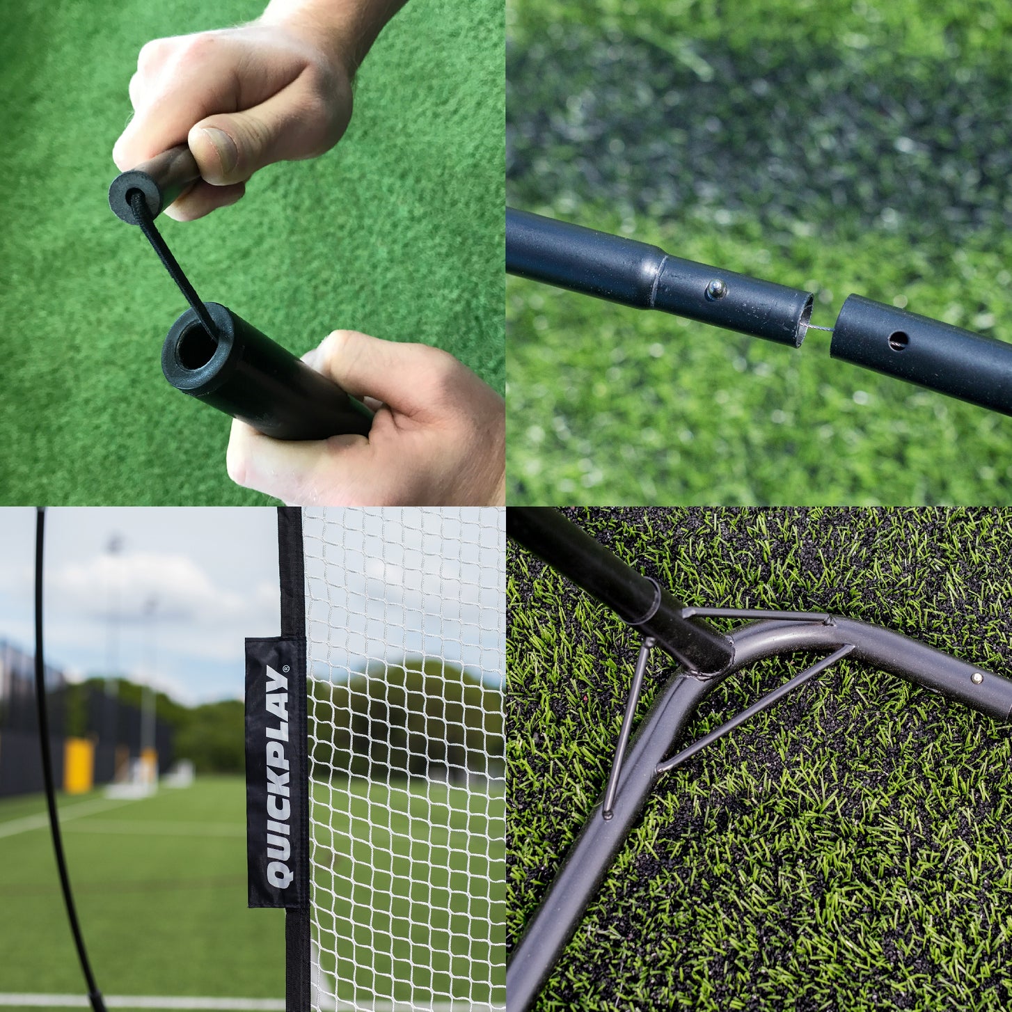 MEGA NET XL Multi Sport Backstop Net 32x9' close-ups of the poles joining, the QUICKPLAY tag and the steel base frame.