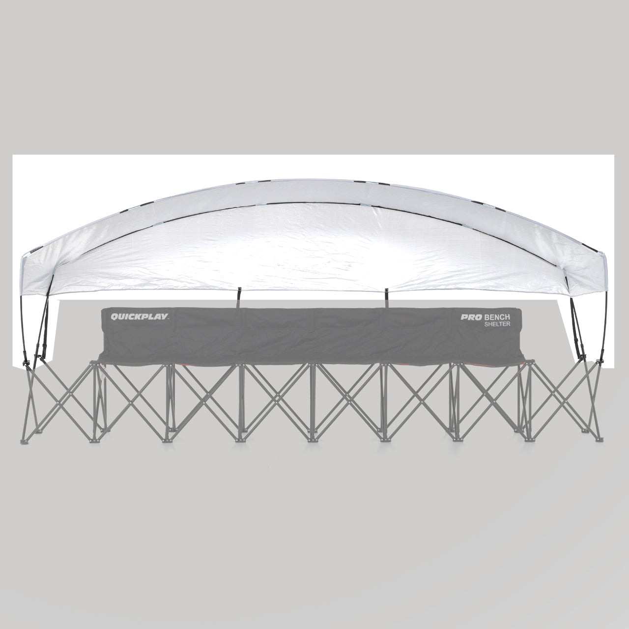 White PRO Bench Shelter 6 Seat cover on its curved poles over a grayed-out bench frame, on a gray background.