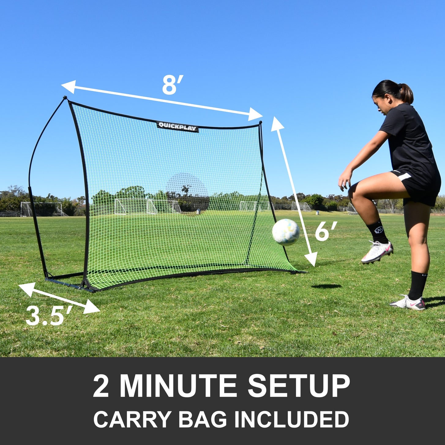 TEKKERS Rebounder Net XL 8x6': player volleys a ball beside the net, marked 8' wide, 6' high and 3.5' deep, with the text "Carry bag included"