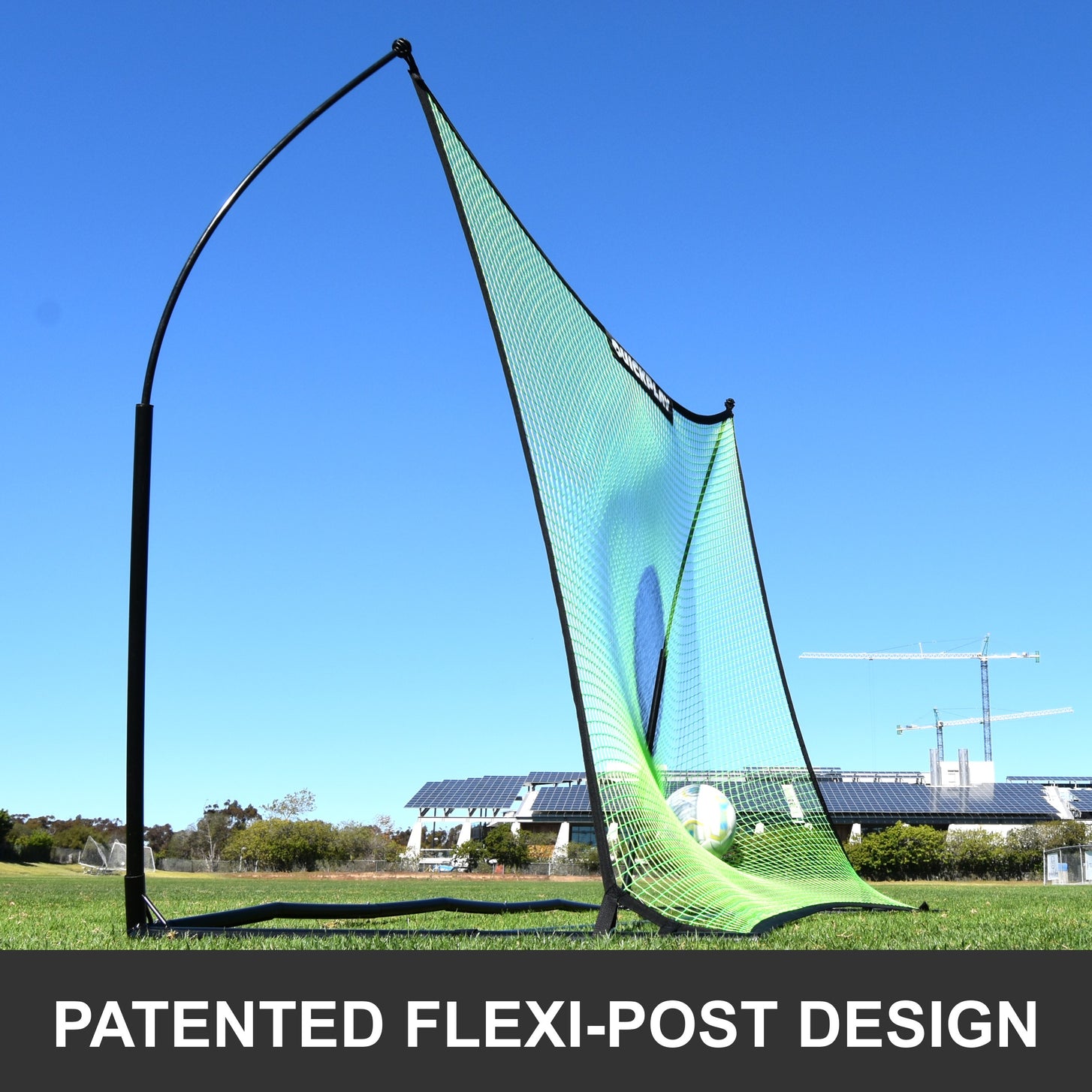 TEKKERS Rebounder Net XL 8x6' side view showing the curved flexi-posts and a ball in the net, with the text "Patented Flexi-Post design"
