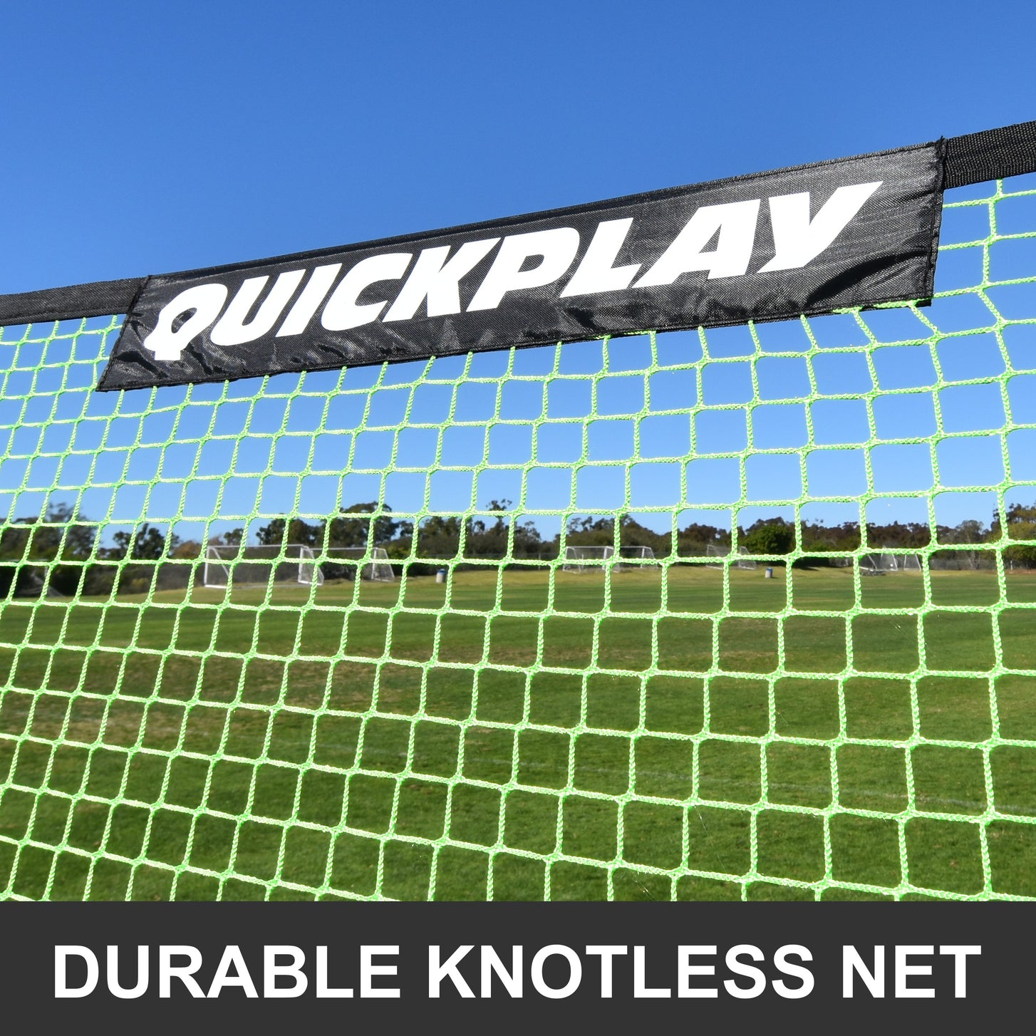 TEKKERS Rebounder Net XL 8x6': close-up of the green knotless net and QUICKPLAY label, with the text "Durable knotless net"