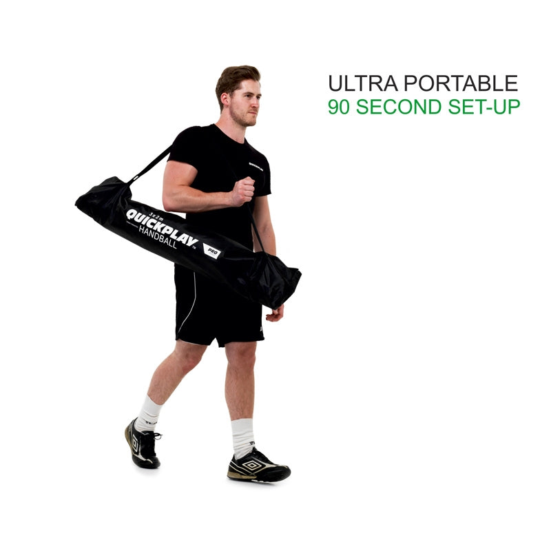 Man walking with the Portable Youth Handball Goal 7.9x5.6' in its black QUICKPLAY HANDBALL bag, with the text "Ultra portable".