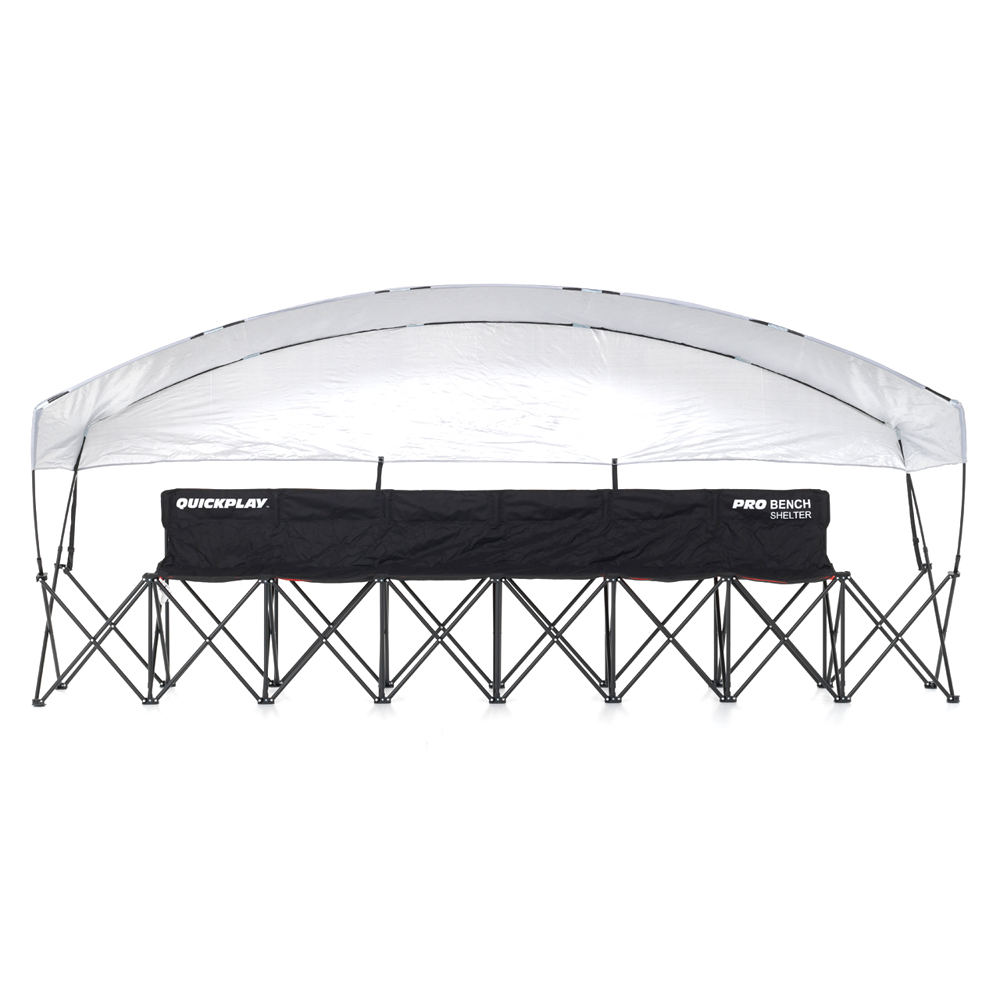 PRO Bench Shelter front view on a white background, showing the curved white canopy over the black QUICKPLAY PRO BENCH SHELTER seats.